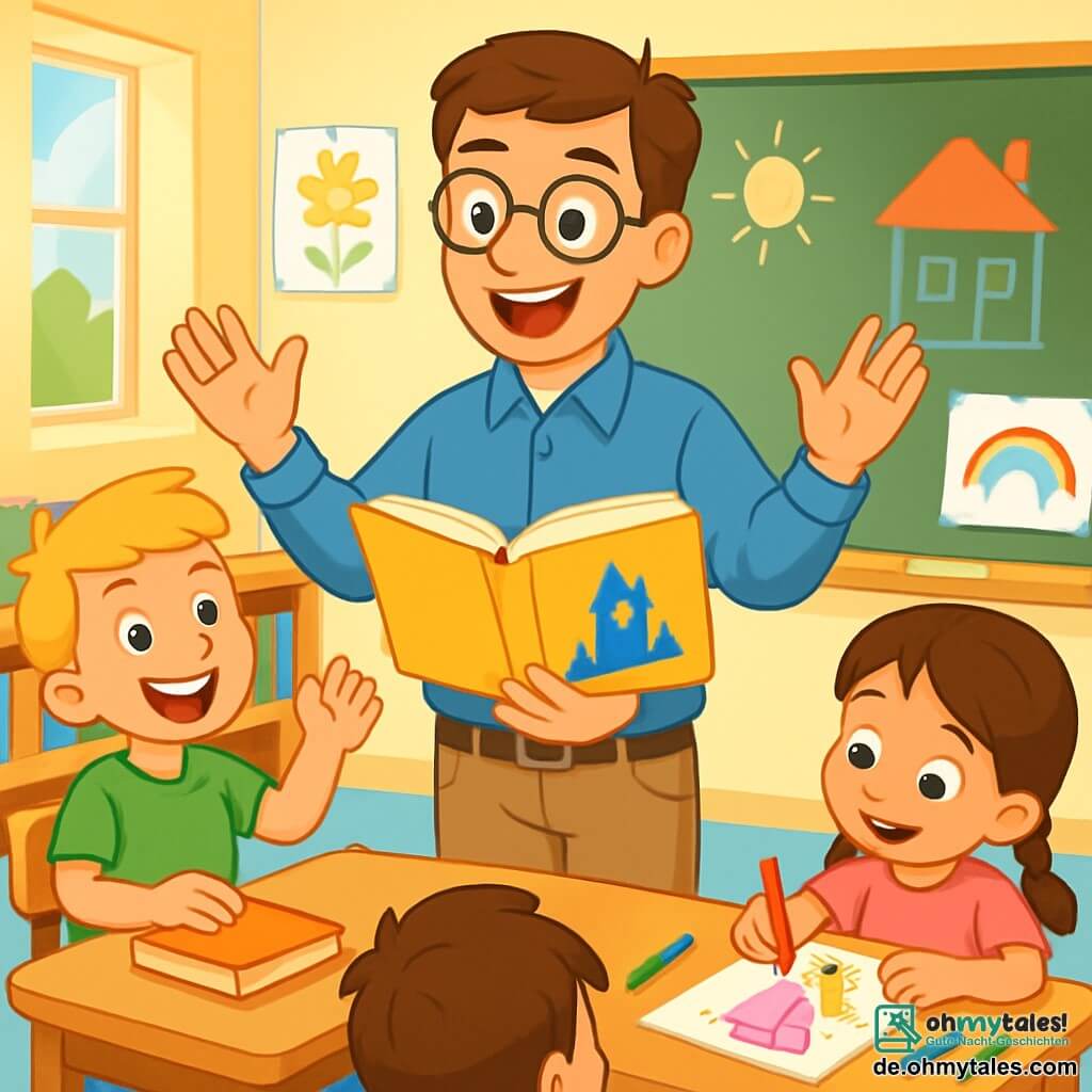 Ein lächelnder Lehrer, ein Mann in den Vierzigern mit braunen Haaren und runden Brillen, steht in der Mitte der Klasse. Er trägt ein blaues Hemd und beige Hosen, und sein Gesicht strahlt Freude und Enthusiasmus aus. Er hält ein großes, offenes Buch und zieht mit lebhaften Gesten die Aufmerksamkeit der Kinder auf sich. Rechts von ihm hebt ein 8-jähriger Junge, Ben, mit blonden Haaren und funkelnden Augen, mit einem breiten Lächeln die Hand, um eine Frage zu stellen. Links von ihm ist Mia, ein 7-jähriges Mädchen mit braunen Zöpfen und einem rosa T-Shirt, die sich auf ihr Blatt lehnt und sich auf ihre bunte Prinzessinnenzeichnung konzentriert. Die Szene spielt in einem hellen Klassenzimmer mit Wänden, die mit Kinderzeichnungen dekoriert sind, Regalen voller bunter Bücher und Fenstern, die Sonnenlicht hereinlassen. Holztische sind im Kreis angeordnet und schaffen eine warme, einladende Atmosphäre. Der Lehrer erzählt eine fesselnde Geschichte, und die Kinder hören aufmerksam zu, ihre Gesichter erleuchtet von Neugier und Aufregung. Die Kinder lachen und sind lebhaft, bereit, ihre eigenen Ideen und Kreationen zu teilen.