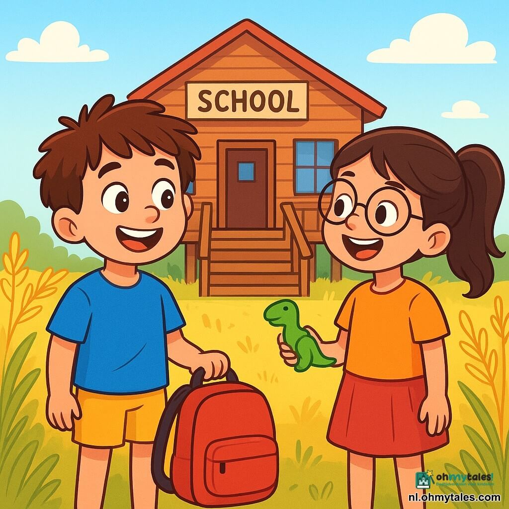 Een 8-jarig jongetje, Sam, met rommelig bruin haar en nieuwsgierige ogen, staat voor een houten school op palen, met een grote glimlach op zijn gezicht. Hij draagt een felblauwe t-shirt en een gele short, terwijl hij een nieuwe rode rugzak in zijn hand houdt. Naast hem staat zijn beste vriendin Noor, een 8-jarig meisje met een bruine paardenstaart en ronde brillen, die vrolijk lacht terwijl ze een groene gummie in de vorm van een dinosaurus vasthoudt. Op de achtergrond is de school omgeven door gouden tarwevelden die dansen in de wind, met houten trappen die naar de voordeur leiden. De scène toont Sam en Noor die enthousiast met elkaar praten, klaar om de school binnen te gaan voor hun eerste lesdag.