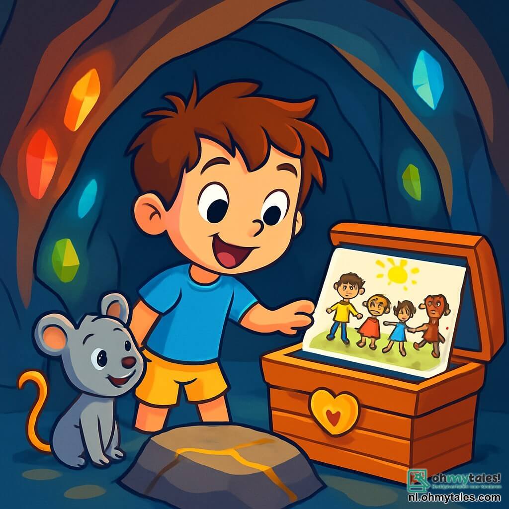 Een 6-jarig jongetje, Max, met rommelig bruin haar en sprankelende nieuwsgierige ogen, staat aan de rand van een grote grot. Hij draagt een blauwe t-shirt en een gele short, en zijn gezicht straalt verwondering en opwinding uit. Naast hem kijkt een klein grijs pluche muisje met een gouden staart naar Max met glinsterende ogen, klaar voor avontuur. De grot is verlicht door schitterende stenen in levendige kleuren, met gladde, vochtige muren die het licht weerkaatsen. In het midden staat een grote platte steen met een gouden ader, en een zachte gloed komt van een mysterieuze houten kist, versierd met een gouden hart. Max, met een stralende glimlach, is van plan de kist te openen, waarbij hij een verzameling tekeningen onthult van kinderen en dieren die samen spelen, wat de ware rijkdom van vriendschap symboliseert.