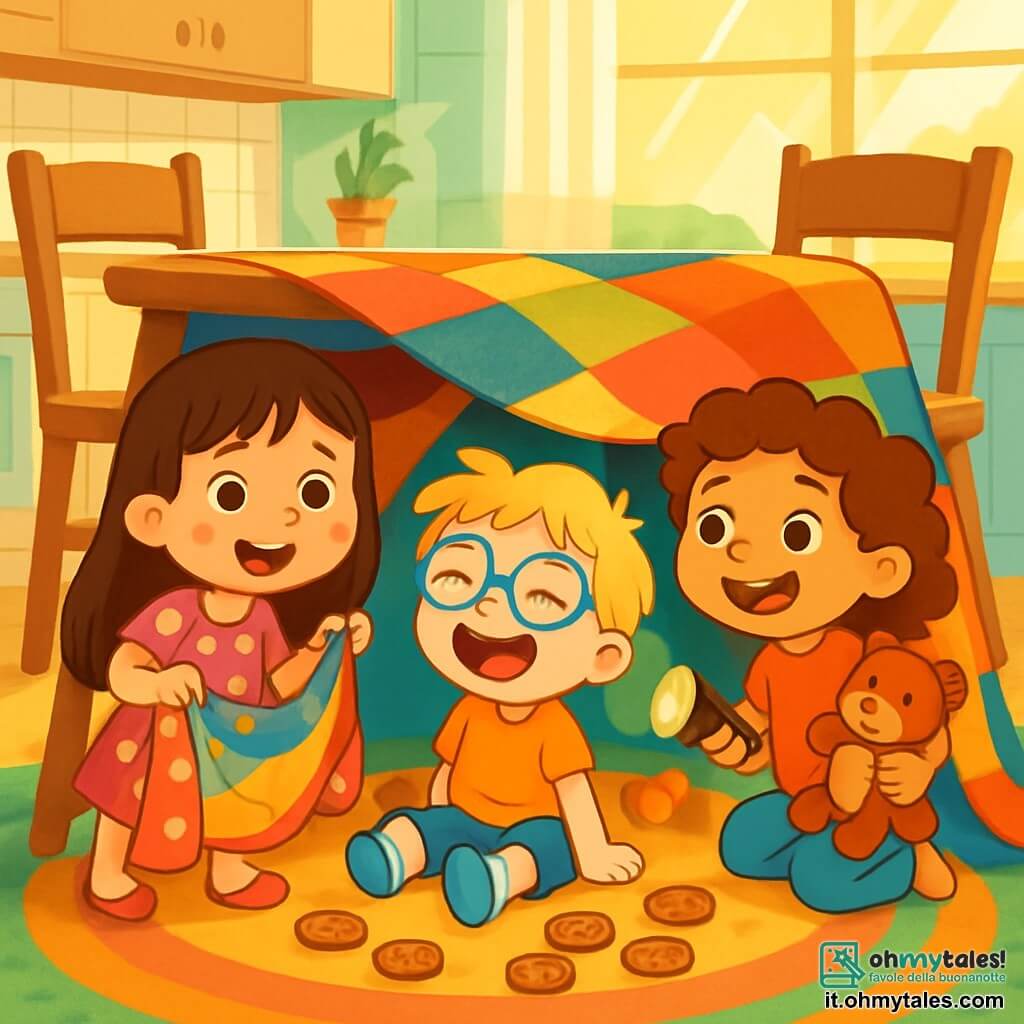 Ci sono 3 personaggi: - Anna: una bambina di 4 anni, con lunghi capelli castani e occhi scintillanti. Indossa un vestito rosa con pois bianchi e si tiene orgogliosa sotto il tavolo, tenendo una coperta colorata. - Leo: un bambino di 4 anni, con capelli biondi arruffati e occhiali rotondi. È seduto per terra, circondato da biscotti, mentre ride con una voce da papera. - Giulia: una bambina di 4 anni, con capelli ricci e un sorriso splendente. Tiene una torcia e un peluche, posizionandosi all'ingresso della loro "tana segreta". Il luogo è una cucina accogliente, con un grande tappeto colorato sul pavimento, sedie di legno attorno a un tavolo rotondo e raggi di sole che filtrano dalle finestre, illuminando la scena. La situazione principale mostra i tre bambini che ridono e giocano insieme sotto il tavolo, circondati da biscotti e giocattoli, creando un mondo magico e segreto pieno di gioia e risate.