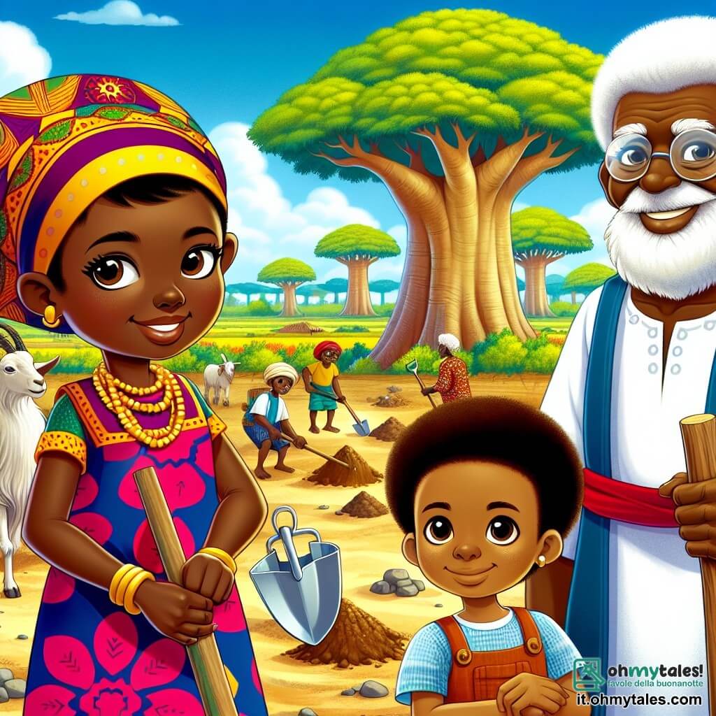 Amina, una donna africana di circa trent'anni, è al centro dell'immagine, con un grande sorriso caloroso e occhi brillanti di determinazione. Indossa un abito colorato in tessuto tradizionale, decorato con motivi vivaci, e tiene una pala in mano, pronta a scavare nel terreno. Accanto a lei, un giovane ragazzo di circa 10 anni, di nome Kofi, con capelli ricci e guance rotonde, guarda Amina con ammirazione, tenendo una piccola pala di legno. Un anziano del villaggio, di 70 anni, con una lunga barba bianca e rughe profonde, si trova sullo sfondo, con le braccia incrociate, mostrando un sorriso fiero e approvante. Il luogo è un pittoresco villaggio africano, circondato da maestosi baobab e campi verdi sotto un cielo blu brillante. Il terreno è polveroso e alcuni animali, come capre, pascolano pacificamente nelle vicinanze. La scena principale mostra Amina e i villaggi intenti a scavare un nuovo pozzo, con acqua che inizia a zampillare dal terreno, simboleggiando speranza e unità. I volti di bambini e adulti esprimono gioia ed eccitazione mentre cantano e ballano intorno al pozzo in costruzione.