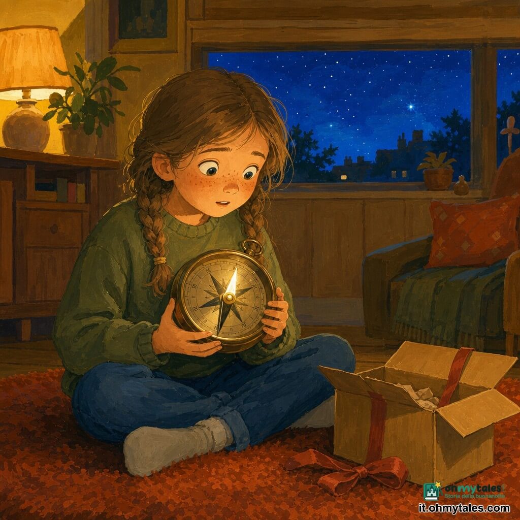 Una bambina di 10 anni dal viso rotondo e lentigginoso, capelli castano chiaro in due piccole trecce, sguardo sbalordito e leggermente esitante, tiene una grande bussola lucente contro il petto; la bussola in metallo antico, con un fiocco di cartone vicino, sembra quasi viva: l'ago si inclina verso la bambina e brilla di un riflesso dolce. Nessun altro umano presente; la casa è suggerita come personaggio secondario con una finestra grande e bassa che mostra un cielo notturno punteggiato di stelle. Il salotto è caldo: tappeto spesso color ruggine, boiserie morbide, scatola di cartone aperta con un nastro un po' storto accanto a lei. La scena: la bambina seduta sul tappeto ascolta la bussola che non indica il nord ma sembra "segnare" qualcosa di intimo; atmosfera notturna calma, luce fioca di lampada, colori caldi e texture visibili della gouache.