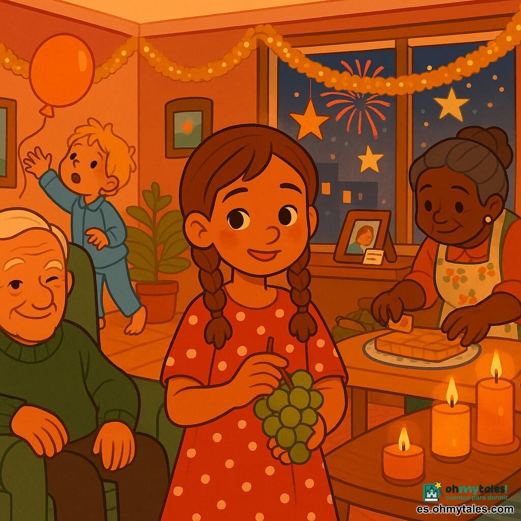 Niña de 10 años de mirada tímida pero radiante, pelo castaño claro en dos trenzas, vestido rojo de lunares, sostiene una racimo de uvas y dice suavemente Feliz año nuevo, ligeramente inclinada hacia la familia; madre de unos 35 años, pelo castaño suelto, arrodillada a la derecha colocando una foto y una nota; abuelo de unos 72 años, rostro arrugado y ojos pícaros, jersey verde, sentado a la izquierda mirándola con orgullo y guiñándole un ojo; abuela de unos 68 años, cabello gris recogido en moño, delantal de flores, de pie junto a la mesa decorando un plato de turrón con expresión cálida; hermanito de unos 6 años, pelo rubio despeinado, pijama azul, intentando alcanzar un globo que sube hacia el techo junto al sofá detrás de la niña; salón acogedor y festivo con guirnaldas doradas y estrellas de papel en las ventanas, velas de canela en la mesa baja, telas y cojines cálidos, luz suave naranja y azul de fuegos artificiales visibles por la ventana; escena principal: toda la familia reunida para las doce campanadas, la niña ofrece deseos en varios idiomas, ambiente íntimo y alegre con sonrisas, vitrinas de recuerdos y calidez festiva.