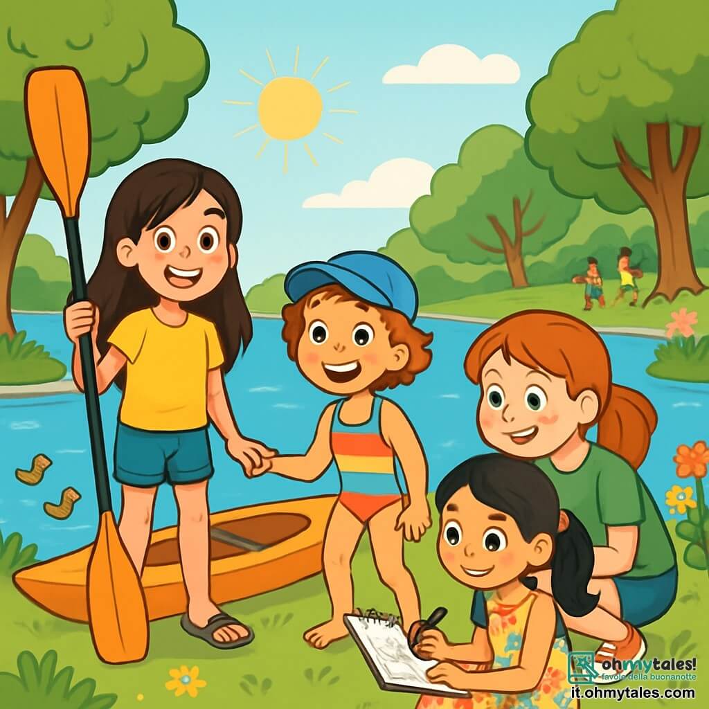 Ci sono quattro bambini: - Sofia: una ragazza di 10 anni, con lunghi capelli castani e occhi brillanti. Indossa una maglietta gialla e un pantaloncino di jeans. È in piedi vicino al lago, tenendo una pagaia da kayak, sorridente e piena di energia. - Marta: una ragazza di 10 anni, con capelli corti e ricci, di colore castano chiaro. Indossa un cappellino blu e un costume da bagno colorato. Si trova accanto a Sofia, pronta a entrare nel kayak, con un grande sorriso. - Giulia: una ragazza di 10 anni, con capelli lisci e neri, raccolti in una coda di cavallo. Indossa un vestito a fiori e tiene un taccuino da disegno. È seduta sull'erba, un po' in disparte, mentre disegna la scena. - Chiara: una ragazza di 10 anni, con capelli rossi e lentiggini sul viso. Indossa una maglietta verde e un pantaloncino. È accovacciata vicino a Giulia, osservando il suo disegno con ammirazione. La scena si svolge in un bellissimo lago circondato da grandi alberi verdi e fiori colorati. Il cielo è blu e soleggiato, e l'acqua scintilla sotto i raggi del sole. Anatre nuotano pacificamente in superficie e i bambini giocano sulla riva. Le quattro amiche sono pronte per un'avventura emozionante in kayak. Sofia e Marta stanno per salire nel kayak, mentre Giulia e Chiara le incoraggiano con entusiasmo, creando un'atmosfera gioiosa e amichevole.