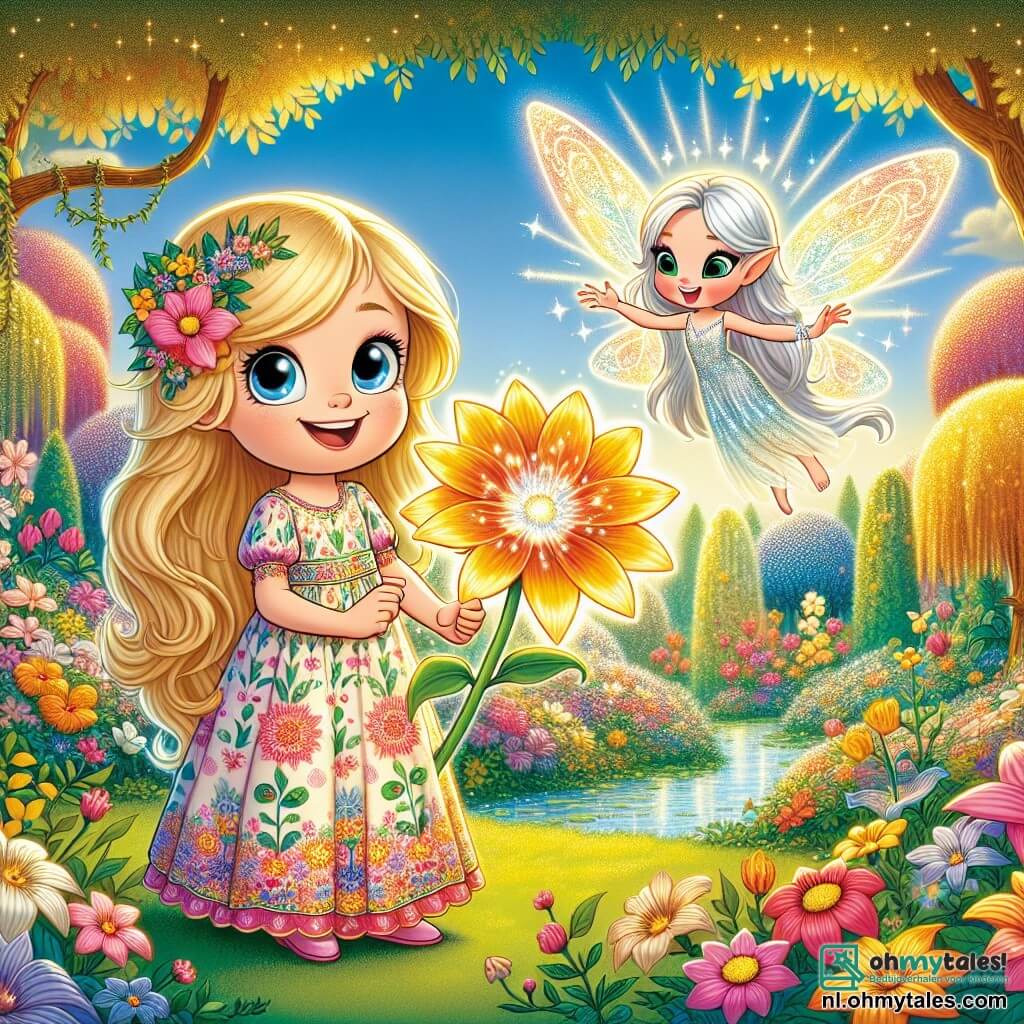 Een 6-jarig meisje, Lotte, met lange blonde haren en sprankelende ogen van nieuwsgierigheid, staat in het midden van de scène met een grote glimlach op haar gezicht. Ze draagt een kleurrijke jurk met bloemenpatronen en houdt een prachtige glinsterende bloem in haar handen, symbool van haar magische ontdekking. Naast haar zweeft een kleine fee genaamd Faye, met doorschijnende en glanzende vleugels. Ze heeft zilverachtig haar en draagt een jurk van bloemblaadjes. Faye glimlacht vrolijk en moedigt Lotte aan in hun avontuur. De setting is een prachtige geheime tuin, vol met stralende bloemen in felle kleuren, grote bomen met gouden bladeren die in de zon glanzen, en een blauwe lucht met wollige wolken. Op de achtergrond kronkelt een glinsterende rivier door de tuin, wat een vleugje magie toevoegt. De hoofdscène toont Lotte en Faye die de magische bloem ontdekken, omringd door de schoonheid van de tuin, terwijl ze zich voorbereiden om de uitdagingen aan te gaan om de natuur te redden. De sfeer is vrolijk en vol verwondering, en vangt de geest van avontuur en vriendschap.