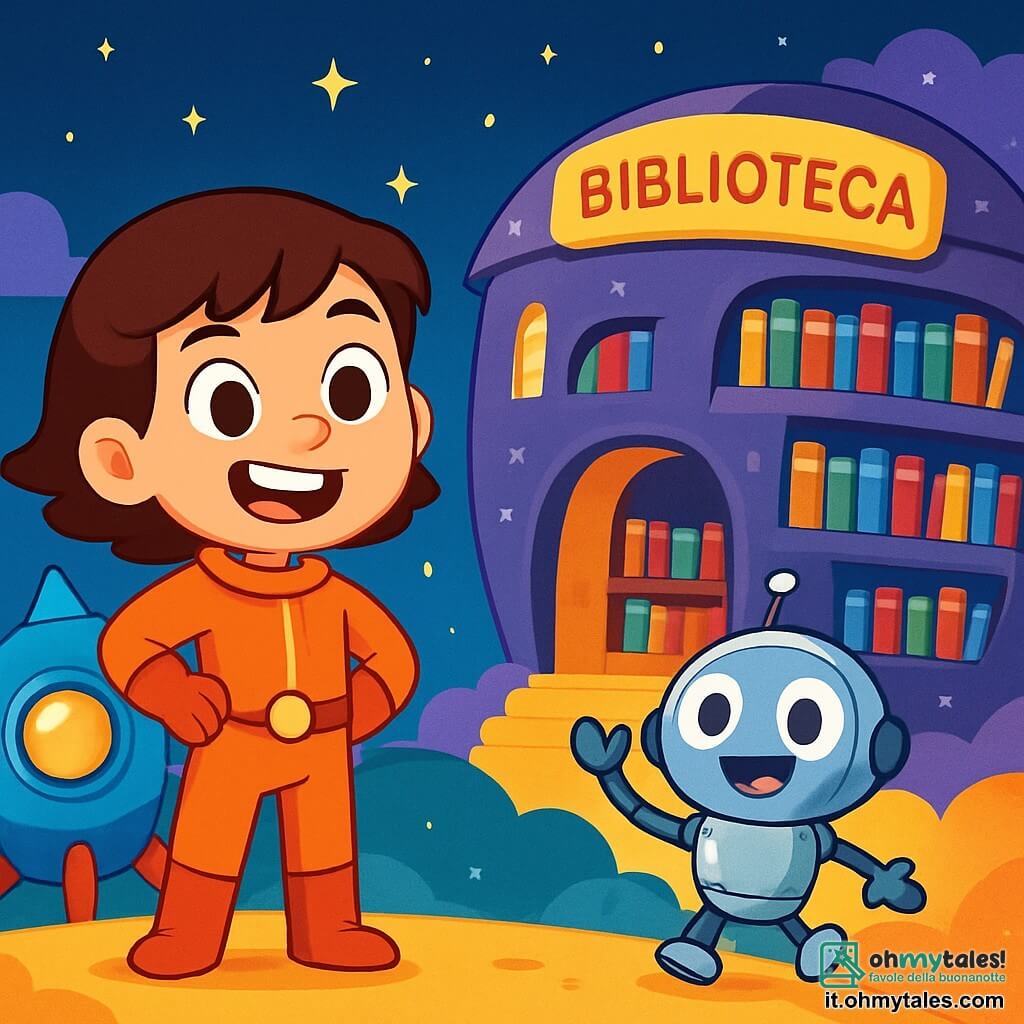 Una giovane donna di nome Luna, con capelli corti e occhi brillanti di curiosità, si trova davanti alla sua piccola navicella spaziale blu. Ha un grande sorriso sul volto, che mostra la sua eccitazione e determinazione. Accanto a lei, un piccolo robot di nome Cipi, con un corpo argentato e occhi luminosi, fa gesti gioiosi, pronto ad aiutarla nella sua avventura. La scena si svolge vicino a una gigantesca biblioteca spaziale rotonda, che galleggia nello spazio. La biblioteca brilla con finestre scintillanti, circondata da stelle luccicanti e nuvole colorate. Luna si prepara a entrare nella biblioteca per cercare una batteria di riserva, con un'espressione di determinazione sul volto, mentre Cipi la incoraggia con piccoli suoni entusiasti.