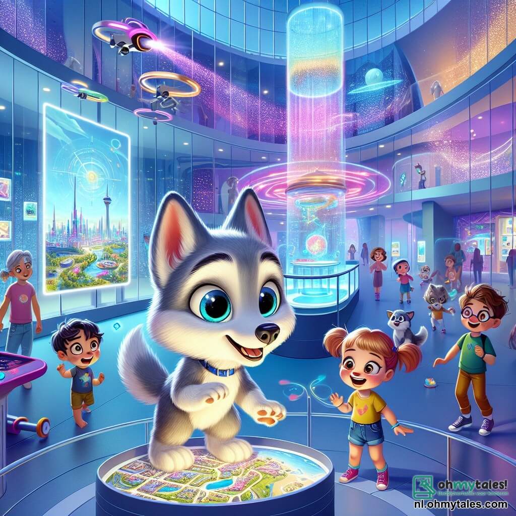 In een futuristisch museum staat een kleine wolf genaamd Lupo, met een zachte, zilveren vacht, vol nieuwsgierigheid en verwondering. Zijn grote, glanzende ogen kijken naar een holografisch scherm dat een kaart van de stad projecteert, terwijl hij op zijn achterpoten staat, klaar om te verkennen. Naast hem speelt een groep blije kinderen, met kleurrijke haren en heldere kleding, enthousiast met drones die om hen heen vliegen. Een van hen, een klein meisje met roze vlechten, lacht terwijl ze probeert een blauwe drone te besturen die door de lucht draait. Het museum is een grote, lichte ruimte met glazen muren en zwevende hologrammen die de kamer verlichten. Projecties van planeten en futuristische landschappen dansen op de muren, wat een magische en betoverende sfeer creëert. Lupo staat op een kruispunt, twijfelend tussen verschillende paden, terwijl hij de uitgang van het museum zoekt. Hij is omringd door fonkelende lichten en futuristische geluiden, wat zijn spannende avontuur in deze technologische wereld illustreert.