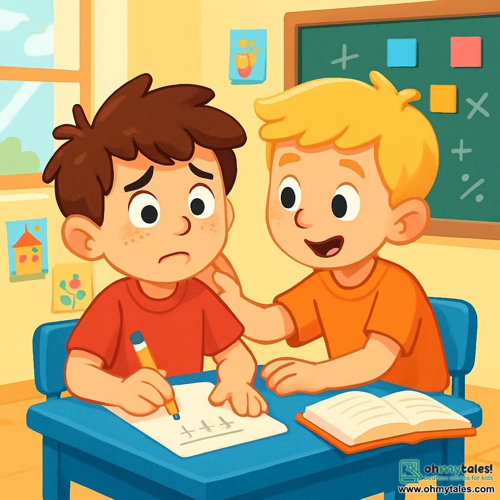 An 8-year-old boy, Max, with messy brown hair and freckles on his nose, sits at his blue desk, wide-eyed and with a worried expression on his face. He holds a pencil in his hand, ready to write, but his gaze is lost in the distance, revealing his nervousness. Next to him, his friend Ben, also an 8-year-old boy with blonde hair and an encouraging smile, leans towards him, whispering comforting words. They are both in a bright classroom, with walls decorated with children's drawings and a blackboard filled with colorful notes. The main situation shows Max, visibly anxious about taking a math test, while Ben offers his support, creating an atmosphere of friendship and solidarity.