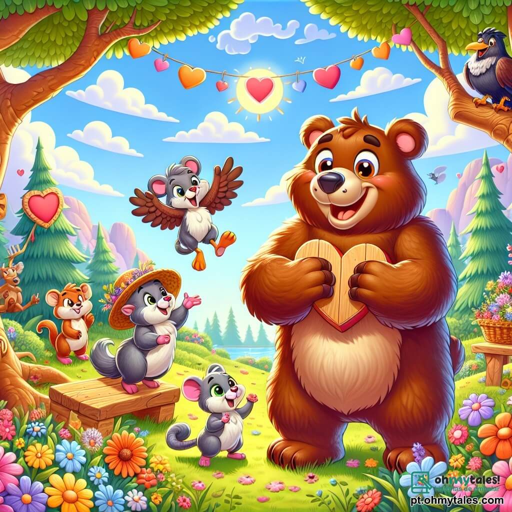 Um grande urso pardo, Tico, com pelagem espessa e olhos redondos e curiosos, está no centro da cena, exibindo um sorriso alegre e maravilhado. Ele segura um coração de madeira gravado com a palavra "amizade" em suas patas. À sua direita, um pequeno rato cinza, Pipoca, com grandes orelhas e olhos brilhantes, salta de alegria, segurando um pequeno cartão em forma de coração. À esquerda, uma corvo sábia, Dona Olga, com penas coloridas e um chapéu de palha, sorri segurando um buquê de flores. O cenário é um parque ensolarado, cheio de flores vibrantes, árvores majestosas e um céu azul salpicado de nuvens brancas. Ao fundo, um grande carvalho com guirlandas de corações penduradas e um pequeno banco de madeira onde outros animais se reúnem. A cena mostra Tico e seus amigos celebrando alegremente o dia dos namorados, cercados de risos e felicidade, compartilhando guloseimas e momentos de amizade.