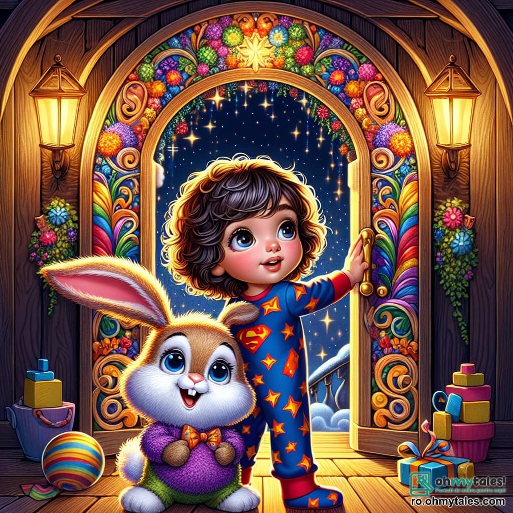 O fată de 12 ani, pe nume Maria, cu ochi mari și strălucitori și păr creț, poartă un pijama de supererou în culori vii. Are un zâmbet minunat pe față, ținându-și prietenul de pluș, un iepuraș adorabil pe nume Puf, care are urechi lungi și blană moale și pufoasă. Puf, care arată vesel și jucăuș, stă lângă ea, pregătit să o conducă într-o aventură magică. Scena se desfășoară într-o grajd elegant din lemn, iluminat de lumina lunii, cu stele strălucitoare care se văd prin feronerie. Jucării colorate sunt împrăștiate în jurul lor, adăugând o notă de fantezie mediului. Maria și Puf stau în fața unei mari porți magice, ornamentate cu culori strălucitoare și motive jucăușe, care pare să vibreze de energie. Sunt pe cale să treacă prin această poartă, nerăbdători să descopere lumea râsului și a bucuriei care îi așteaptă de cealaltă parte.