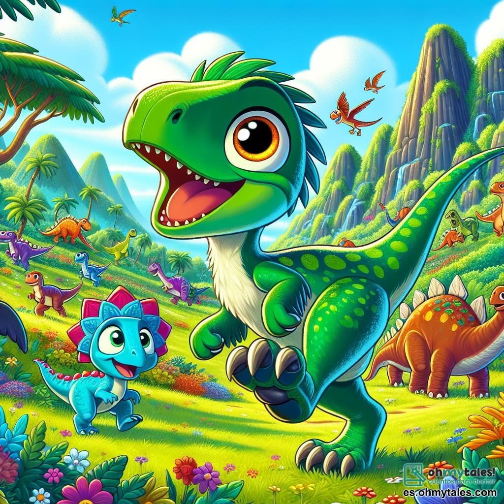 Un velociraptor llamado Rippy, con plumas verde esmeralda brillantes y ojos curiosos como luciérnagas, corre alegremente por un claro soleado, con una gran sonrisa en su rostro. A su lado, su mejor amiga Tilly, una pequeña estegosaurio con placas brillantes, salta con entusiasmo, sus ojos chispeando de alegría. Al fondo, un grupo de dinosaurios coloridos, incluidos majestuosos brontosaurios y triceratops, se reúnen alrededor de un árbol frutal lleno de frutas jugosas. El lugar es un hermoso valle verde, rodeado de montañas volcánicas humeantes, con flores vibrantes y un cielo azul brillante. La escena principal muestra a Rippy y Tilly descubriendo un nuevo territorio, listos para explorar y vivir aventuras juntos, llenos de emoción y curiosidad.