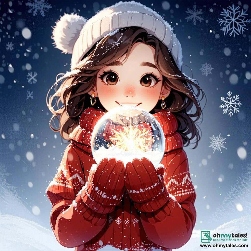 A 9-year-old girl named Emily, with large bright eyes and curly brown hair, stands at the center of the scene, a wide smile lighting up her face. She wears a red sweater with snowflake patterns and matching mittens, holding a beautiful sparkling snow globe filled with magic and joy. Next to her is Miss Clara, a woman in her sixties with silver hair and round glasses, observing Emily with tenderness. She wears a colorful apron and has a warm expression, as if sharing a special secret with the little girl. The setting is in the grand hall of the Evergreen Orphanage, where a majestic Christmas tree, adorned with sparkling garlands and colorful baubles, stands at the back. Snowflakes gently fall outside through large windows, creating a fairy-tale atmosphere. The main scene shows Emily shaking the snow globe, causing an explosion of shining flakes and soft music, filling the room with a magical and joyful ambiance, while other children gathered around her express their wonder and happiness.