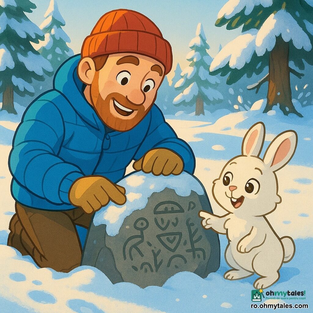 Un explorator souriant, veste matelată albastru viu, bonetă roșie, mănuși de lână bej, barbă deschisă, îngenuncheat și ștergând zăpada de pe o piatră mare gravată; un iepuraș alb, ochi căprui, blană pufoasă, stă pe ultimele picioare și arată cu o labă spre simboluri; poiană înzăpezită între brazi înghețați, zăpadă sclipitoare și urme mici, descoperirea unui calendar de piatră într-o atmosferă caldă de dimineață cu umbre lungi și reflexii albăstrui; stil copilăros, culori saturate, contururi clare, texturi simple și volume rotunjite, compoziție centrată pe om și iepure.