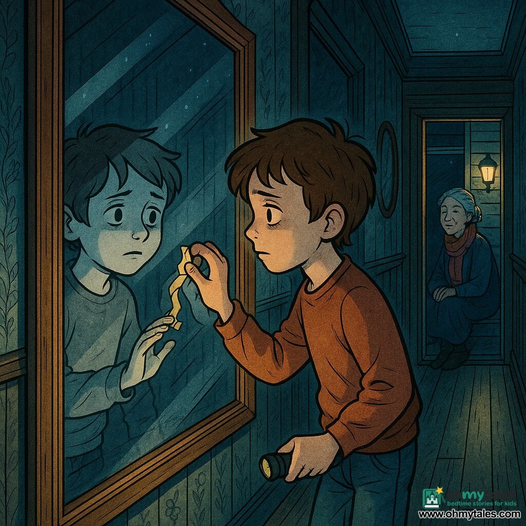 An anxious but brave 8-year-old boy, Milo, round-faced with tousled brown hair and bright wide eyes, gently presses a crumpled ribbon against a large framed mirror—his flashlight off in his pocket—while his reflection, slightly paler and melancholic, mirrors the gesture from the other side; an elderly Mrs. Wren, about 70 with grey hair in a bun and a colorful scarf, sits on the porch steps smiling softly in the background, all set in a narrow, worn wood-paneled hallway with faded floral wallpaper, a row of oval mirrors, creaky floorboards and moonlight casting long shadows and dust motes—a tender, slightly eerie nighttime scene of Milo returning the ribbon to heal a memory.