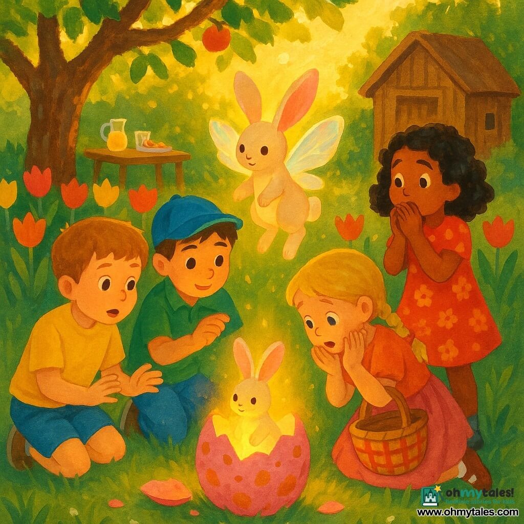 Five characters: four children—Jamie, a light-brown-haired boy in a bright yellow T-shirt and blue shorts, crouched left of a pink-and-gold speckled egg, protective and amazed; Maya, a curly black-haired girl in a red floral dress, standing right with hands near her mouth, surprised; Leo, a brown-haired boy in a blue cap and green shirt, kneeling behind the egg, gently touching the shell; Sophie, a blonde girl in braids with a pink skirt holding a patterned basket, leaning forward as if to shield the egg—and one magical creature, Luna, a small cream-white winged rabbit with pink inner ears and iridescent translucent wings, floating just above the cracked egg; setting: a morning country garden with dewy green grass, red and yellow tulips, an old apple tree left, a light wooden shed right background and a wooden table with lemonade and cookies, golden morning sunlight filtering through leaves; main scene: discovery and wonder as the glowing cracked egg emits a soft light, the children form a protective semicircle and Luna emerges with half-folded wings, creating a tender, magical atmosphere.