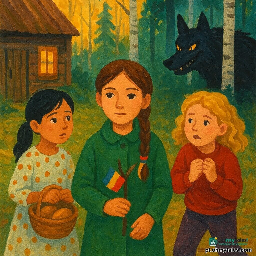 Há quatro personagens: Lia, 9 anos, trança castanha com uma pequena fita amarela-azul-vermelha, casaco verde, no centro com olhar calmo, segurando a fita pronta para amarrar num ramo; Mena, 9 anos, cabelo preto em rabo, vestido às bolinhas, à esquerda recuada, com uma cestinha de pão e olhar preocupado para Lia; Joana, 9 anos, cabelos loiros encaracolados, suéter vermelho, à direita junto a uma árvore, mãos cerradas pronta para correr, olhando para a casa; e um grande lobo escuro, pelagem cinza‑preta, olhos amarelos, escondido entre os bétulas ao fundo, corpo agachado, sorriso largo e ameaçador. O lugar é uma clareira na borda de uma floresta de bétulas e pinheiros, chão de folhas amarelas e musgo verde, um caminho lamacento e uma casinha de madeira à esquerda com porta e janela gastas, luz dourada do entardecer filtrando entre os ramos. Situação: as três meninas estão juntas, uma fita colorida presa a um ramo perto do caminho enquanto o lobo observa oculto entre as árvores; cores quentes para as meninas e a casa, tons frios e contrastados para o lobo e as árvores, atmosfera de tensão suave e coragem.