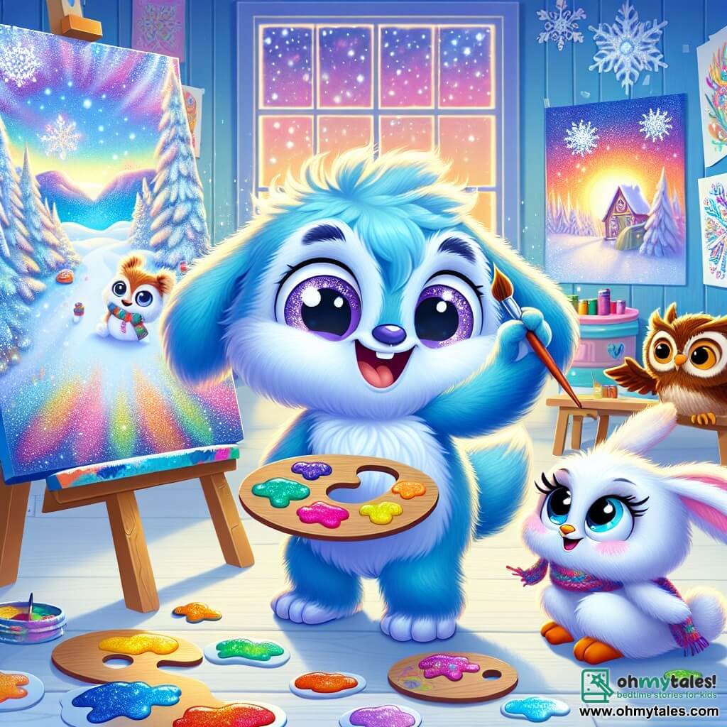 Nibbles, a small blue and fluffy creature with large sparkling eyes, is painting a beautiful mural on a giant canvas. He has a big smile, overflowing with excitement and creativity, as he uses a palette of bright colors to depict a magical winter landscape. Flurry, an adorable little white bunny with long silky ears, is next to him, painting shimmering snowflakes. She looks joyful and focused, her pink cheeks revealing her enthusiasm. Twinkle, a wise owl with brown feathers and round eyes, is perched nearby, watching his friends' work with an admiring gaze. He appears thoughtful, ready to share an inspiring winter story. The setting is a bright art room with walls decorated with children's projects, sunlight streaming through the winter windows, and snowflakes gently falling outside, creating a magical and warm atmosphere. The main scene shows Nibbles and his friends in the midst of creation, united in their passion for art, surrounded by vibrant colors and a joyful ambiance, capturing the spirit of winter in Frostvale.