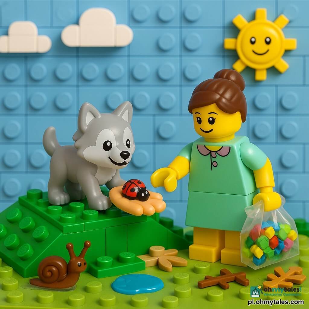 Mały szczeniaczek wilczka LEGO stoi na zielutkim wzgórku, uśmiechnięty, o jasnoszarym futerku z białymi akcentami, trzyma otwartą dłoń z małą czerwoną biedronką w czarne kropki; po prawej nauczycielka LEGO w pastelowej sukience, związane włosy, wskazuje ziemię i trzyma reklamówkę z zebranymi śmieciami; po lewej błyszczący brązowy ślimak LEGO przy małym kamyczku z wyciągniętymi czułkami i świecącym śladem; sceneria: pagórek z teksturowanych zielonych klocków, jasnobrązowe liście i gałązki, mała błękitna kałuża, jasnoniebieskie niebo z białymi chmurami z klocków i uśmiechniętym żółtym słońcem w prawym górnym rogu; główna sytuacja: spokojna radosna chwila, wilczek obserwuje biedronkę, nauczycielka pokazuje znaczenie ochrony przyrody, dzieci pozbierały śmieci, wiosenna, jasna atmosfera, żywe kolory i delikatne cienie dla głębi.