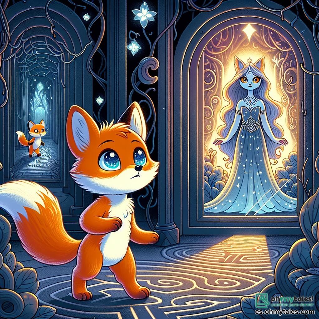 Un pequeño zorro llamado Zafir, con un pelaje naranja brillante y ojos llenos de curiosidad, se encuentra en el centro de un laberinto de espejos. Parece decidido, con las orejas erguidas y la cola en forma de penacho, listo para enfrentar sus miedos. Cerca de él, el Guardián del Laberinto, una figura esbelta y etérea con un vestido flotante de bruma y ojos que brillan como estrellas, observa a Zafir con una sonrisa benevolente, animándolo en silencio. El lugar es un laberinto misterioso, donde los espejos reflejan sombras inquietantes y luces titilantes, creando una atmósfera mágica y aterradora. Los muros del laberinto están adornados con lianas oscuras y flores luminosas, añadiendo un toque de misterio. La situación principal muestra a Zafir avanzando valientemente a través del laberinto, desafiando los reflejos perturbadores de sus miedos, mientras el Guardián lo cuida, listo para ofrecerle guía y apoyo.
