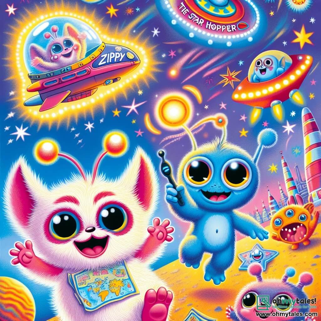 Zippy, a small Flummox with big round eyes and fluffy pink fur, jumps for joy with a bright smile, holding a glowing map in his tiny paws. Next to him, Glim, a friendly alien with three arms and bright blue skin, smiles and waves, ready to join the adventure. The setting is a colorful spaceport filled with sparkling rockets and strange creatures, with bright stars and colorful planets in the background. In the center, Zippy and Glim stand in front of the spaceship "The Star Hopper," surrounded by gently floating clouds of stardust. The main scene shows Zippy and Glim ready to embark on a galactic adventure, their faces lit up with excitement and curiosity, while joyful creatures watch them in wonder.