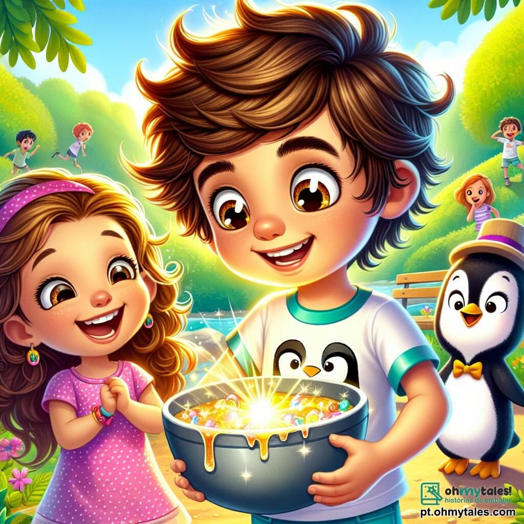 Um garoto de 8 anos, chamado Pedro, com cabelos castanhos bagunçados e olhos brilhantes de travessura, está no centro da imagem. Ele usa uma camiseta colorida com estampas de pinguins e um short azul, sorrindo entusiasticamente enquanto segura uma tigela grande cheia de uma poção mágica que brilha intensamente. Ao seu lado, sua melhor amiga Sofia, uma menina de 7 anos com cabelos longos e cacheados, vestida com um vestido rosa de bolinhas, ri alto, admirando a poção. Ao fundo, um pinguim dançante, com um pequeno chapéu de cilindro, faz movimentos engraçados, adicionando um toque de magia à cena. O cenário se passa em um parque ensolarado, com árvores verdes, flores coloridas e crianças brincando ao longe, criando uma atmosfera alegre e dinâmica. A cena principal mostra Pedro misturando ingredientes em sua tigela, cercado de risos e magia, pronto para o desafio de criar uma poção que trará alegria e risos a todos.