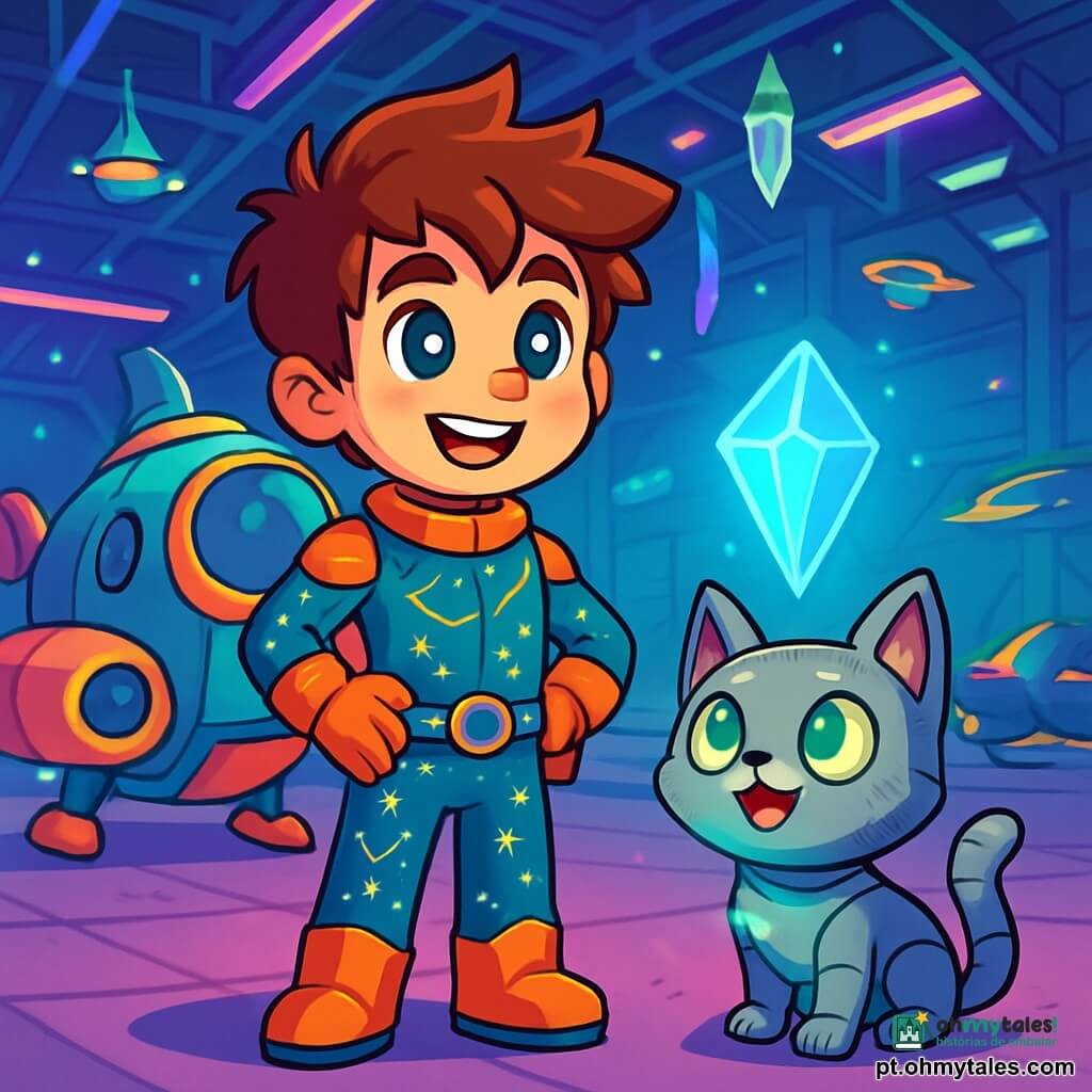 Orion, um jovem com cabelo desgrenhado e olhos brilhantes como estrelas, está diante de sua nave espacial. Seu rosto expressa determinação entusiasmada, com um sorriso largo e bochechas levemente rosadas. Ele veste um traje futurista de cores vivas, decorado com padrões de constelações cintilantes. Ao seu lado, Lume, um pequeno robô-gato de olhos luminosos e pelagem prateada, observa o holograma do cristal azul projetado no ar, parecendo curioso e animado. Ao fundo, o Hangar dos Sonhos é um vasto espaço repleto de naves coloridas e gadgets flutuantes, com paredes de metal brilhante e luzes de néon que dançam como auroras boreais. Cristais luminosos pendem do teto, adicionando um toque mágico ao ambiente. A cena mostra Orion, pronto para embarcar em sua viagem intergaláctica, examinando o holograma que revela o misterioso caminho para a Chave do Infinito, com uma atmosfera de excitação e aventura prometendo descobertas extraordinárias no vasto espaço.