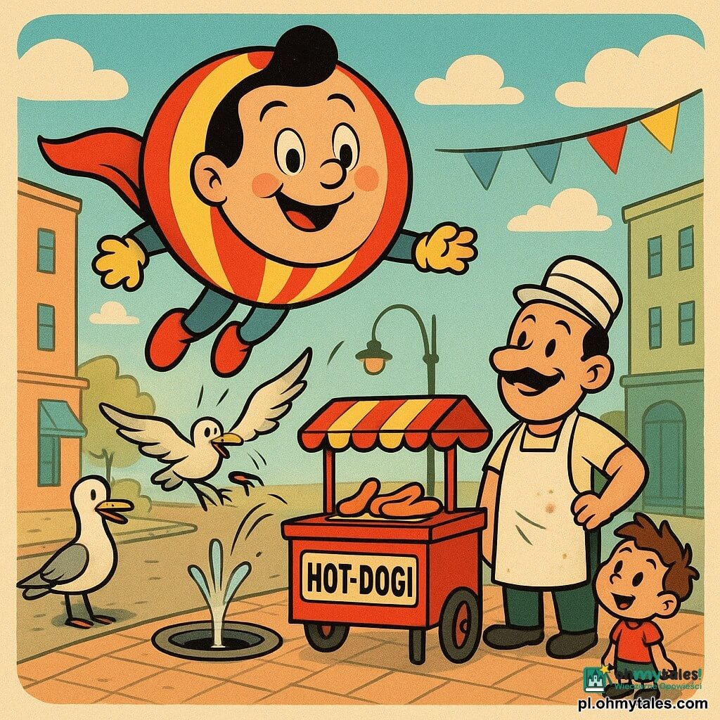 Super Janek — wielki, czerwono‑żółty balon z uśmiechniętą, figlarną twarzą — unosi się nad ulicą, zakrywając właz kanalizacyjny i zatykając mały wyciek; obok stoi około 40‑letni sprzedawca hot‑dogów z wąsami, w poplamionym białym fartuchu i kapeluszu, przy małym czerwonym wózku, uśmiechając się do balonu; u dołu po prawej zdumiony chłopiec (ok. 6 lat) z brązowymi, potarganymi włosami trzyma balonik; obok dwa komiczne mewy (białe i jasno‑szare), jedna dziobie hot‑doga, druga wygląda zaskoczona; słoneczna miejska ulica z brukowanymi chodnikami, pastelowymi kamienicami, małą fontanną, wygiętym latarnią, miękkimi chmurami i proporczykami; scena dynamiczna, zabawna, z przesadzonym ruchem, żywymi kontrastami, grubymi czarnymi konturami, nasyconymi kolorami, gładkimi teksturami i czytelnymi wyrazami twarzy, kompozycja skupiona na unoszącym się bohaterze.