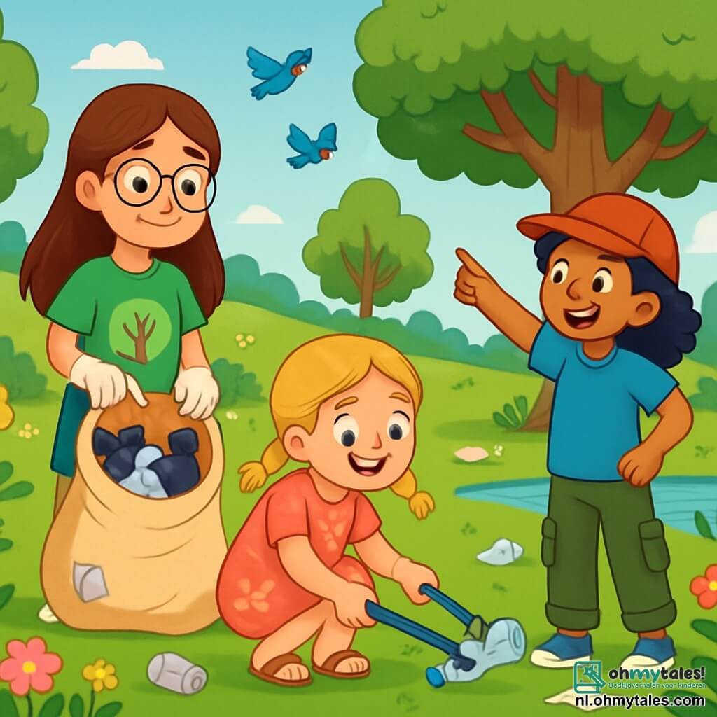 Er zijn 3 personages: Noor, een 8-jarig meisje met lang bruin haar en ronde bril, draagt een groene t-shirt met een tekening van een boom en een spijkerbroekshort. Ze houdt een grote canvas tas vast vol met handschoenen en vuilniszakken. Emma, een 7-jarig meisje met blonde gevlochten haren en een stralende glimlach, draagt een roze bloemenjurk en sandalen. Ze zit op de grond en raapt een stuk plastic op met een tang. Lila, een 9-jarig meisje met krullend zwart haar en een rode pet, draagt een blauwe t-shirt en cargobroek. Ze staat rechtop en wijst naar een majestueuze boom terwijl ze de anderen uitlegt waar ze moeten beginnen met opruimen. De situatie speelt zich af in een groot groen park vol kleurrijke bloemen, imposante bomen en een glinsterend waterpartijtje. Vogels vliegen in de blauwe lucht, terwijl vlinders rond de bloemen fladderen. Er liggen echter afvalstukken verspreid over de grond, wat een contrast vormt met de schoonheid van de natuur. De hoofdactie toont de drie meisjes vastberaden om het park schoon te maken. Noor, Emma en Lila werken samen, glimlachend en vol energie, om het afval op te ruimen en hun omgeving te beschermen, waardoor het park een nog mooiere plek wordt.
