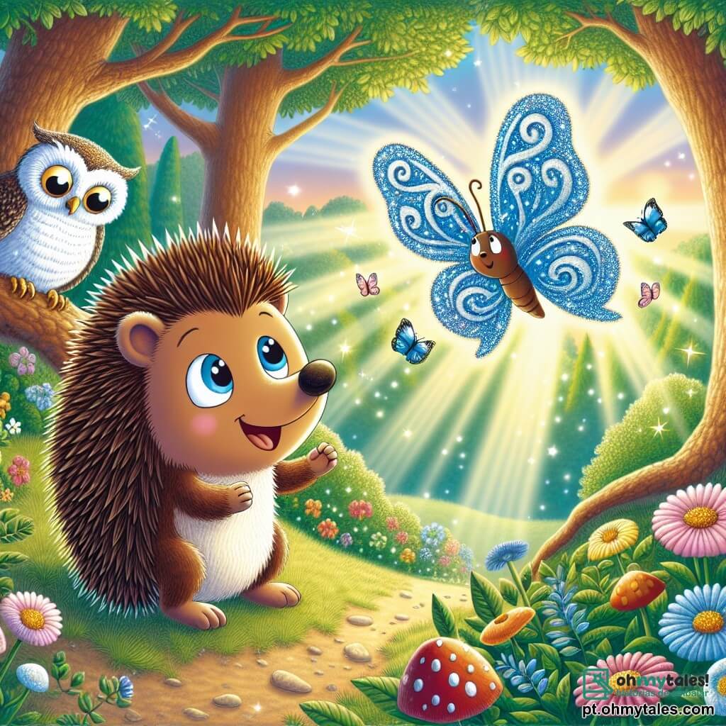 Um ouriço chamado Hugo, com pelagem marrom e espinhos bem erguidos, está no centro da cena, exibindo uma expressão alegre e determinada. Ele observa uma linda borboleta azul com asas brilhantes que voa ao seu redor, cheia de esperança. Perto dele, uma sábia coruja com penas brancas e grandes olhos redondos está empoleirada em um galho, observando a cena com um olhar benevolente. Ao fundo, uma floresta encantada se estende, repleta de árvores majestosas, flores coloridas e raios de sol filtrando através da folhagem. A situação principal mostra Hugo encorajando a borboleta a alçar voo para encontrar seu lar, criando uma atmosfera de amizade e coragem neste cenário mágico.
