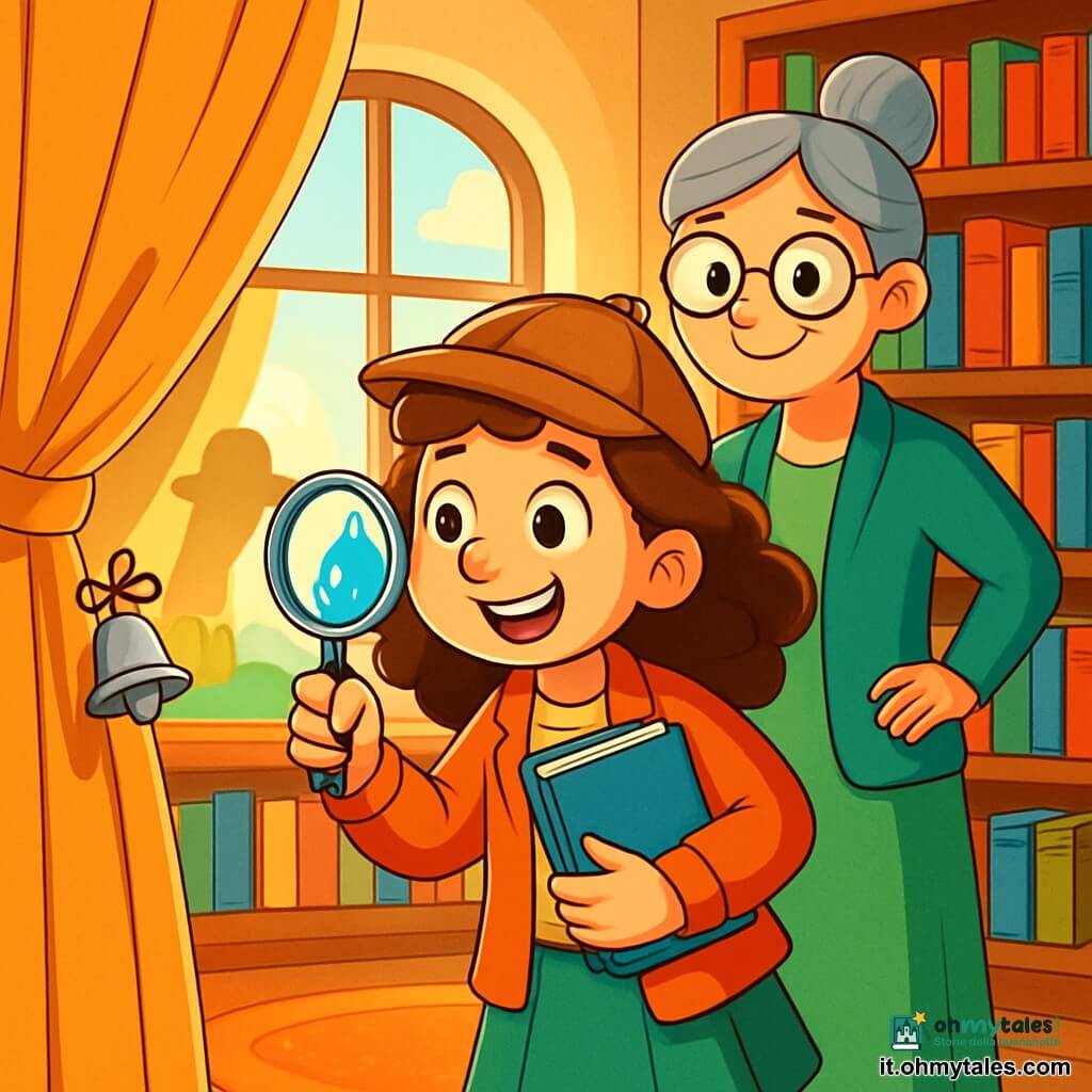Una giovane detective, Marta, di circa 10 anni, con capelli castani e ricci, tiene una lente d'ingrandimento in una mano e un taccuino blu nell'altra. Il suo viso esprime curiosità ed eccitazione, con occhi brillanti e un ampio sorriso. Si trova davanti a una grande finestra di biblioteca, circondata da libri dalle copertine colorate. Accanto a lei, la bibliotecaria, la signora Bice, una donna di circa cinquant'anni con occhiali rotondi e capelli grigi raccolti, osserva attentamente Marta, con le mani sui fianchi e un'espressione incoraggiante. Il luogo è una biblioteca accogliente, con scaffali in legno pieni di libri dai colori vivaci, tappeti morbidi sul pavimento e raggi di luce dorata che filtrano attraverso la finestra, creando un'atmosfera magica. Marta scopre una misteriosa campanella d'argento nascosta nel gambo di una tenda, mentre un'ombra intrigante si disegna sul muro, rivelando un indizio cruciale per risolvere il mistero.