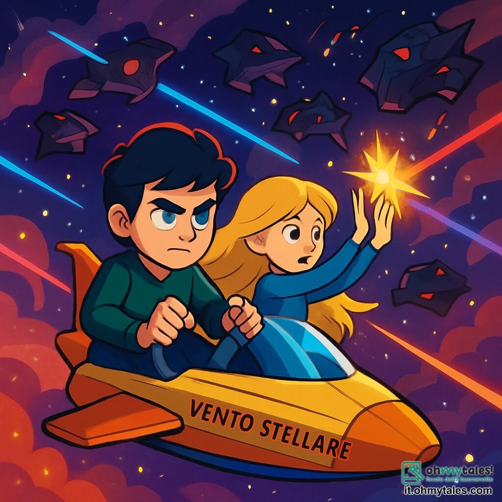 Un giovane di nome Arion, con capelli neri come la notte e occhi verdi brillanti, guida fermamente la sua nave spaziale, il "Vento Stellare". Il suo viso esprime una intensa determinazione, con le sopracciglia aggrottate e una leggera scintilla di eccitazione negli occhi. Accanto a lui, una giovane di nome Lira, di circa 16 anni, ha lunghi capelli dorati che fluttuano intorno a lei come raggi di sole. Alza le mani, concentrata, lanciando lampi di luce magica verso una flotta nemica. La loro nave è in volo attraverso la Nebulosa di Fiamma, un paesaggio cosmico spettacolare pieno di nuvole di polvere colorata, sfumature rosse e viola, illuminate da stelle scintillanti che danzano nell'oscurità dello spazio. La scena principale mostra Arion e Lira in piena battaglia contro la Flotta dell'Ombra, con raggi di energia colorati che si muovono intorno a loro, creando uno spettacolo di luce e movimento, mentre vascelli nemici si profilano all'orizzonte, pronti ad attaccare.