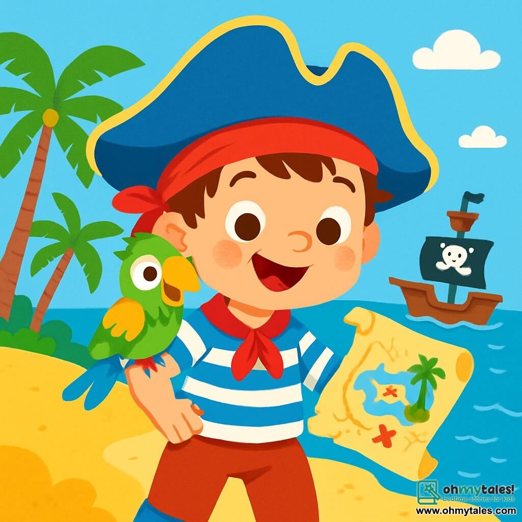 A small pirate boy named Jack, smiling and cheerful, wears a large blue hat and a red scarf. He has messy brown hair and sparkling eyes full of excitement. Jack is holding an old treasure map with one hand on his hip, ready for adventure. Beside him, a colorful parrot with green and yellow feathers perches on his shoulder, curiously looking at the map. The scene is set on a sunny tropical island with lush palm trees and golden sand. In the background, a pirate ship sails on a sparkling blue sea under a clear sky dotted with a few white clouds. The main focus shows Jack, full of energy, ready to search for treasure, with his parrot eagerly by his side, both excited to discover the island's hidden wonders.