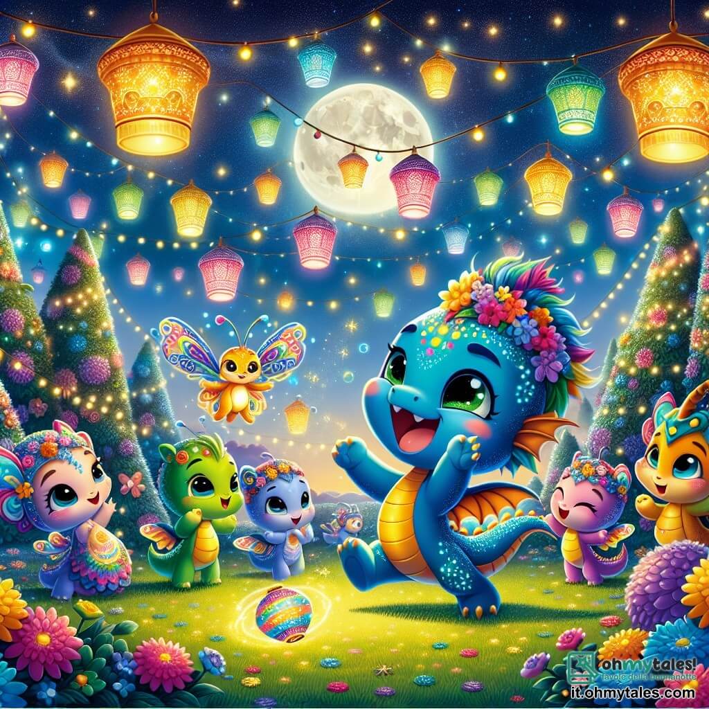 Al centro dell'immagine, Brillino, un piccolo drago colorato con squame blu lucenti e occhi verdi scintillanti, danza gioiosamente con un grande sorriso sul volto, circondato da lanterne colorate che illuminano la notte. Alla sua destra, Lalla, una deliziosa farfalla con ali multicolori, svolazza nell'aria con un'espressione di eccitazione, tenendo una lanterna dorata tra le zampe. Lo scenario è un giardino incantato, pieno di fiori vivaci e grandi alberi, sotto un cielo stellato dove la luna brilla intensamente, creando un'atmosfera festosa e magica. La scena rappresenta la danza delle luci durante la festa di Capodanno, con tutti gli amici di Brillino che si riuniscono attorno a lui, ridendo e ballando sotto le lanterne scintillanti, celebrando insieme l'inizio di un nuovo anno pieno di gioia e avventure.