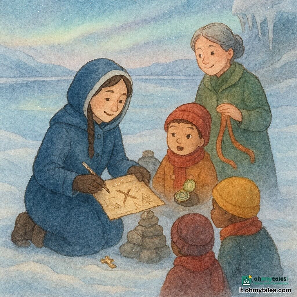Un'esploratrice, Lucia, sorridente e serena con capelli castani intrecciati sotto un cappuccio blu scuro e un pesante cappotto blu, è inginocchiata su una riva di lago ghiacciato mentre posa una croce su una vecchia mappa di pergamena; a destra, Matteo, un ragazzo di circa 7–8 anni dal volto stupito con berretto rosso, tiene un piccolo compasso di ottone; alla sinistra di Lucia, Elena, donna di circa 40 anni con capelli grigi raccolti e cappotto verde oliva, sorride timidamente mentre adagia un nastro colorato su un piccolo altare di pietre; due bambini accovacciati osservano la mappa sussurrando; il lago ghiacciato riflette un cielo pallido e un'aurora sottile, rive nevose simili a dune, stalattiti di ghiaccio pastello pendono da una parete vicina e una lieve foschia sfuma l'atmosfera in un momento calmo e solenne di condivisione con piccoli tesori e disegni lasciati sulla riva.