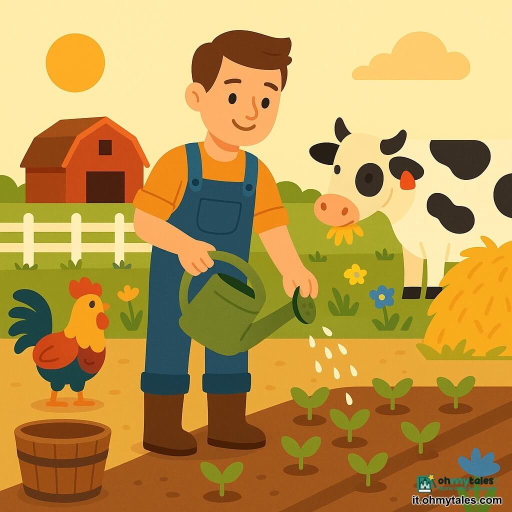 Luca è un uomo sorridente e tranquillo, capelli castani corti, in salopette blu e stivali, tiene un annaffiatoio verde e versa acqua su file di piccole piante; un gallo colorato becca vicino a un secchio a sinistra, una mucca pezzata pasce accanto al fieno a destra; fattoria di mattina d'estate con cielo pallido, sole basso, granaio rosso a porte aperte, recinzione bianca, filari d'erba e qualche fiore; scena tranquilla, colori caldi, forme semplici e contorni arrotondati.