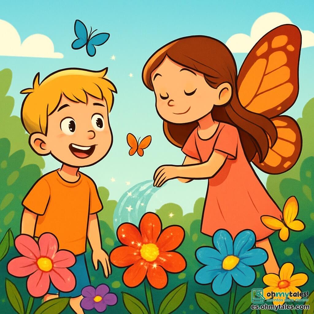 Un niño de 10 años, llamado Mateo, con cabello rubio como el trigo y ojos brillantes de curiosidad, está de pie en un jardín mágico. Su rostro expresa asombro y alegría mientras observa flores coloridas que parecen susurrar secretos. A su lado, una niña con alas de mariposa, de unos 9 años, riega las plantas con una regadera invisible, con su largo cabello flotando como pétalos al viento. Ella sonríe dulcemente, añadiendo un toque de magia a la escena. El jardín está lleno de flores brillantes de todos los colores, con pétalos brillando bajo la luz del sol, y mariposas danzan a su alrededor, creando una atmósfera encantada. Mateo, intrigado, escucha los susurros de las flores que hablan de sueños y miedos, mientras la niña con alas lo anima a descubrir la belleza de las palabras no dichas.