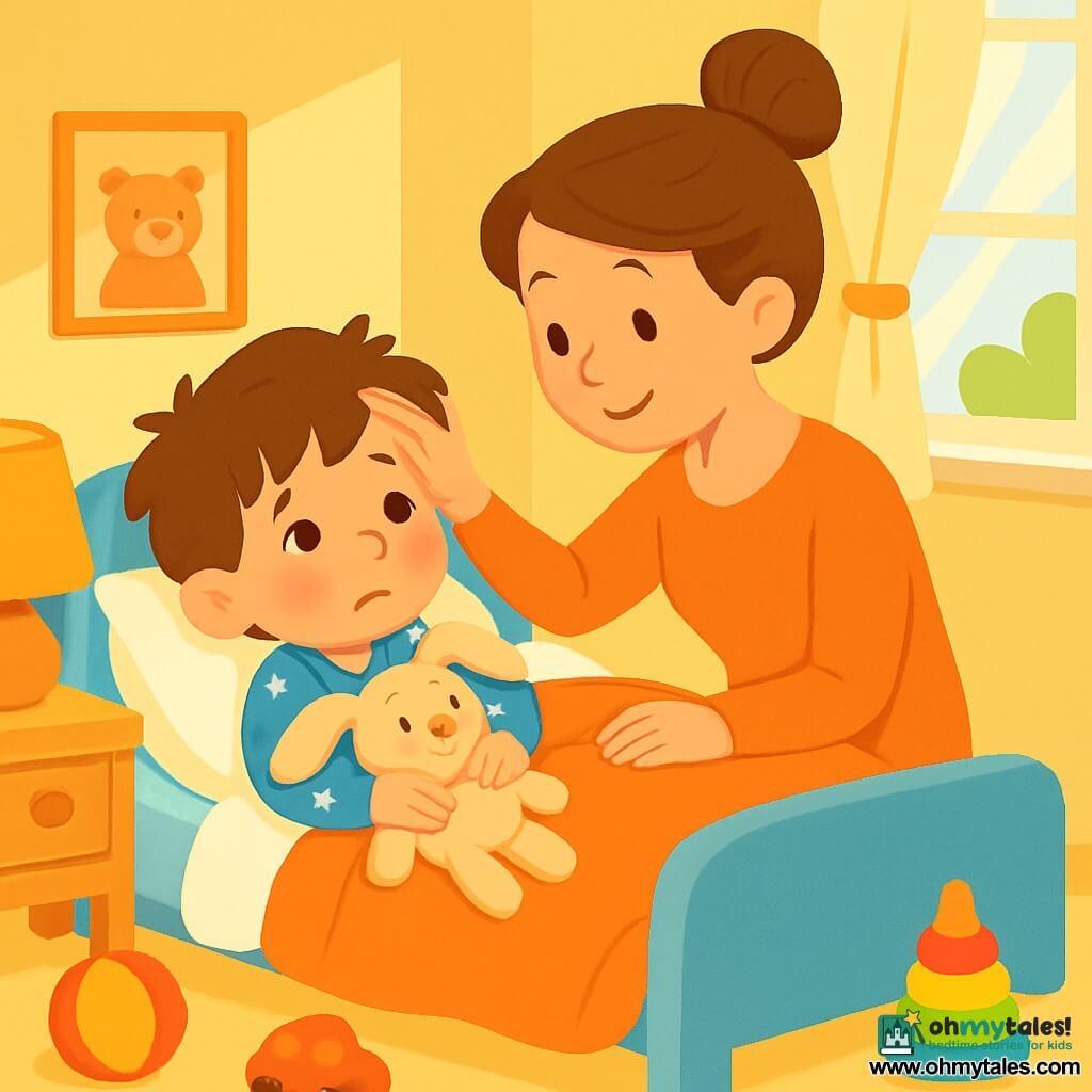 A 4-year-old boy named Max, with messy brown hair and rosy cheeks, is lying in his cozy bed, looking tired yet curious. He is wearing a blue pajama with white stars and holding a bunny-shaped stuffed animal. His mother, a woman in her thirties with brown hair in a bun and a gentle smile, sits next to him on the bed, tenderly stroking his forehead. The room is warm, with pastel yellow walls, toys scattered on the floor, and sunlight filtering through light cotton curtains, creating a comforting atmosphere. The main scene shows Max feeling a bit unwell, snuggled under his blanket, while his mother softly talks to him, offering hugs and reassuring words to comfort him.