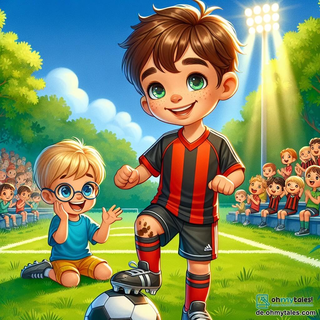 Max, ein 12-jähriger Junge, steht im Mittelpunkt des Bildes mit einem breiten Lächeln und funkelnden Augen. Er trägt ein rot-schwarzes Fußballtrikot und eine passende Shorts und dribbelt einen Fußball auf dem Platz. Seine braunen Haare sind zerzaust und er hat Schlammspritzer auf den Knien, was seine Begeisterung für das Spiel zeigt. Neben ihm steht Tim, ein 10-jähriger Junge mit blonden Haaren und Brille, der begeistert applaudiert. Er trägt ein blaues T-Shirt und eine gelbe Shorts und hält ein kleines Schild mit "Go Max!" in der Hand. Der Ort ist ein grüner Fußballplatz, umgeben von großen Bäumen und einer Menge junger Kinder, die auf Bänken sitzen und dem Spiel folgen. Der Himmel ist blau mit ein paar weißen Wolken und die Sonne scheint, was eine fröhliche und dynamische Atmosphäre schafft. Die Hauptsituation zeigt Max in Aktion, wie er den Ball geschickt dribbelt und bereit ist, einen spektakulären Schuss aufs Tor abzugeben, während Tim ihn enthusiastisch anfeuert, was eine Atmosphäre von Kameradschaft und Leidenschaft für Fußball schafft.