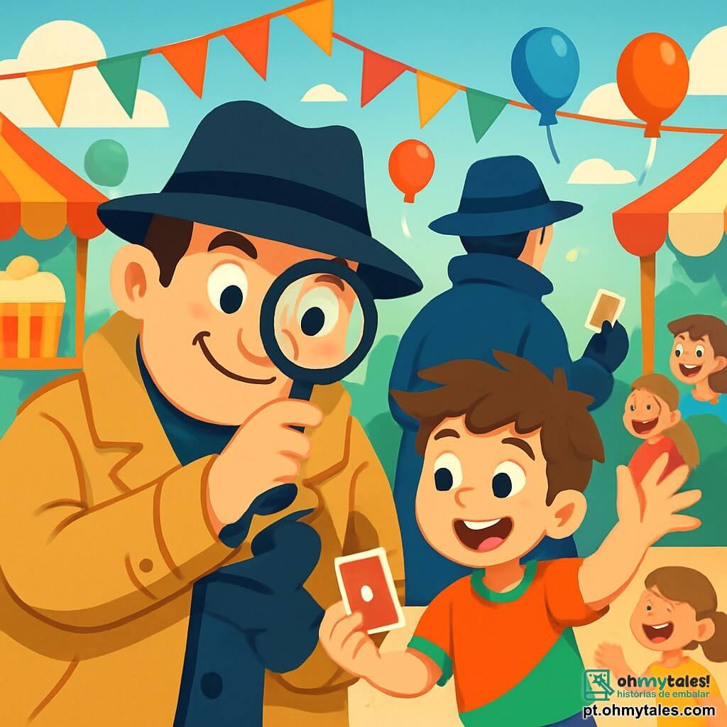 Um homem de estatura média, com o rosto redondo e sorridente, usa um grande chapéu preto e um espesso casaco bege. Seus olhos brilham de excitação enquanto observa atentamente uma cena misteriosa com sua lupa. Ao seu lado, um garoto de dez anos, com cabelos castanhos bagunçados, usa uma camiseta colorida e um short. Ele faz gestos de mágica, cativando a atenção dos espectadores ao redor. O cenário está no meio de um festival animado, com barracas coloridas decoradas com guirlandas, balões flutuando no céu azul e crianças rindo por toda parte. Cheiros de pipoca e algodão-doce pairam no ar, contribuindo para a atmosfera alegre. A situação principal mostra o detetive amador, intrigado, seguindo um homem misterioso de casaco azul que acaba de roubar um cartão. A expressão de curiosidade em seu rosto contrasta com a excitação do garoto que o acompanha, pronto para ajudá-lo nesta aventura emocionante.