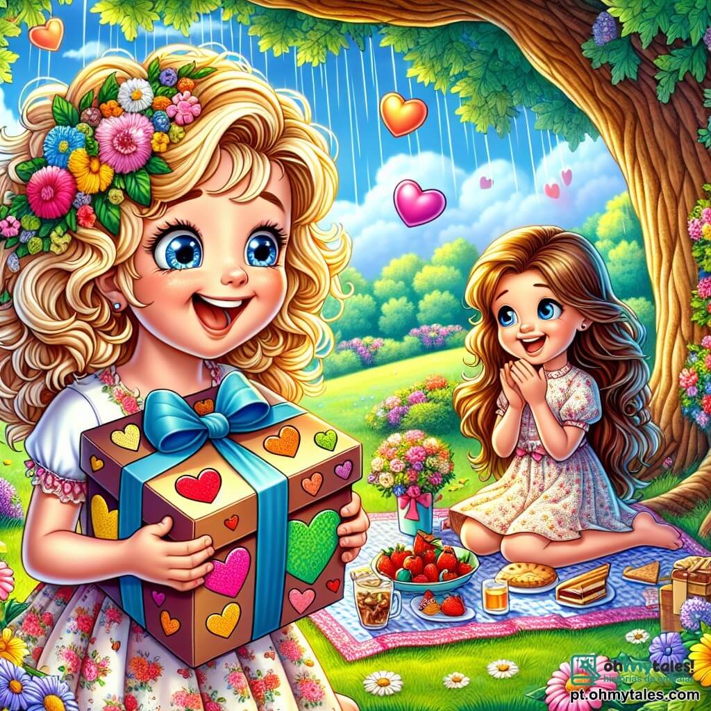 Uma menina de 10 anos, Clara, com cabelos cacheados e dourados, sorri alegremente segurando um grande cartão decorado com corações coloridos. Seus olhos brilham de excitação enquanto se prepara para surpreender sua melhor amiga. Ao lado dela, sua melhor amiga Ana, também de 10 anos, tem cabelos longos e castanhos e usa um vestido florido. Ana olha para Clara com admiração, segurando um pequeno pacote nas mãos. O piquenique acontece sob um grande carvalho em um parque verdejante, com flores coloridas espalhadas ao redor e um céu azul com nuvens brancas. Uma toalha de piquenique está estendida na grama, cheia de deliciosos petiscos como frutas e biscoitos. A cena principal mostra Clara e Ana, cercadas por outras crianças, rindo e dançando sob a chuva que começa a cair, criando uma atmosfera alegre e festiva, celebrando sua amizade em uma inesquecível festa de Dia dos Namorados.