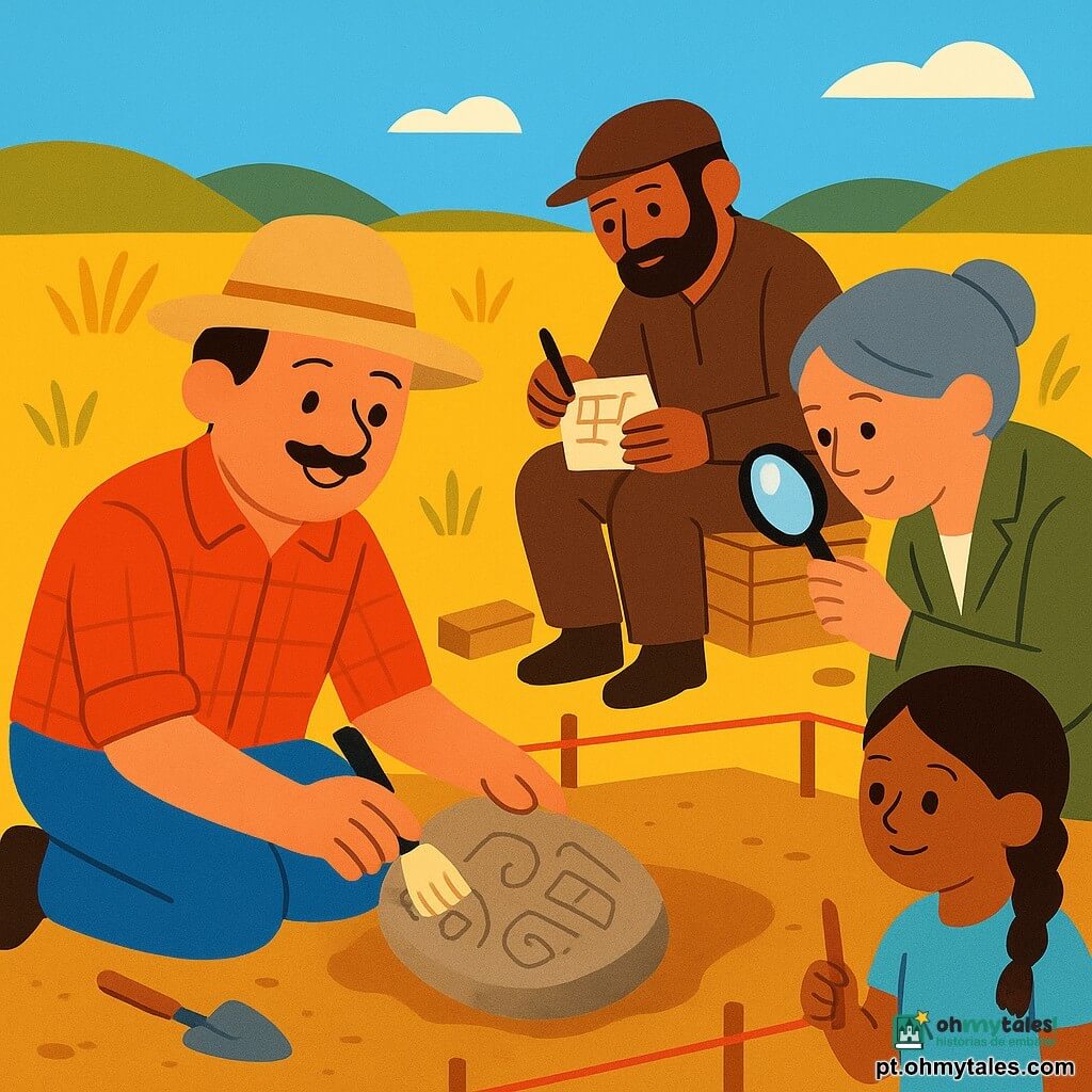 O personagem principal é um homem chamado senhor Tomás, sorridente e concentrado, rosto redondo com bigode fino, chapéu largo bege e camisa xadrez, ajoelhado limpando delicadamente uma pequena pedra lisa com desenhos gravados; a menina Joana, cerca de 8 anos, cabelo castanho em trança e vestido azul-claro, está à esquerda segurando um pincel e olhando com curiosidade; a mulher Dona Rita, cerca de 40 anos, cabelo grisalho preso, usa lupa redonda e jaqueta cáqui, está recuada à direita observando de perto; o senhor Paulo, cerca de 45 anos, barbado, com boné marrom e caderno, está sentado numa caixa atrás de Tomás desenhando um plano; cenário: campo ensolarado de ervas douradas, solo arenoso com uma trincheira rasa cercada por cordas vermelhas e estacas, algumas caixas e ferramentas limpas ao redor; situação: momento calmo e paciente de escavação, atmosfera suave, cores vivas e formas simples, composição clara e legível para crianças.