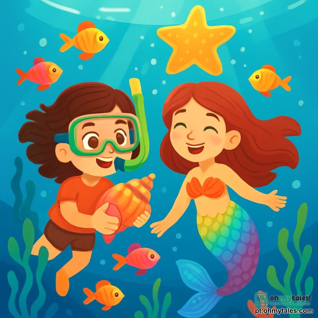 Uma menina de 8 anos, Olívia, com cabelos castanhos ondulados e olhos cheios de curiosidade, nada alegremente na água cristalina, com um sorriso radiante no rosto. Ela usa uma máscara de mergulho verde vibrante e um snorkel, segurando uma concha colorida nas mãos. Ao seu lado, Lira, uma linda sereia-estrela, com escamas brilhantes em cores do arco-íris e uma longa cauda cintilante, sorri calorosamente, flutuando graciosamente na água. O cenário é um labirinto subaquático de plantas luminosas, onde algas dançam suavemente ao ritmo das ondas, iluminadas por raios de sol filtrando pela superfície. Peixes coloridos nadam ao redor, adicionando vida a esta cena mágica. Olívia e Lira exploram juntas este mundo encantador, descobrindo tesouros escondidos e segredos marinhos, enquanto uma estrela-do-mar gigante dança alegremente acima delas, iluminando seu caminho com um brilho dourado.