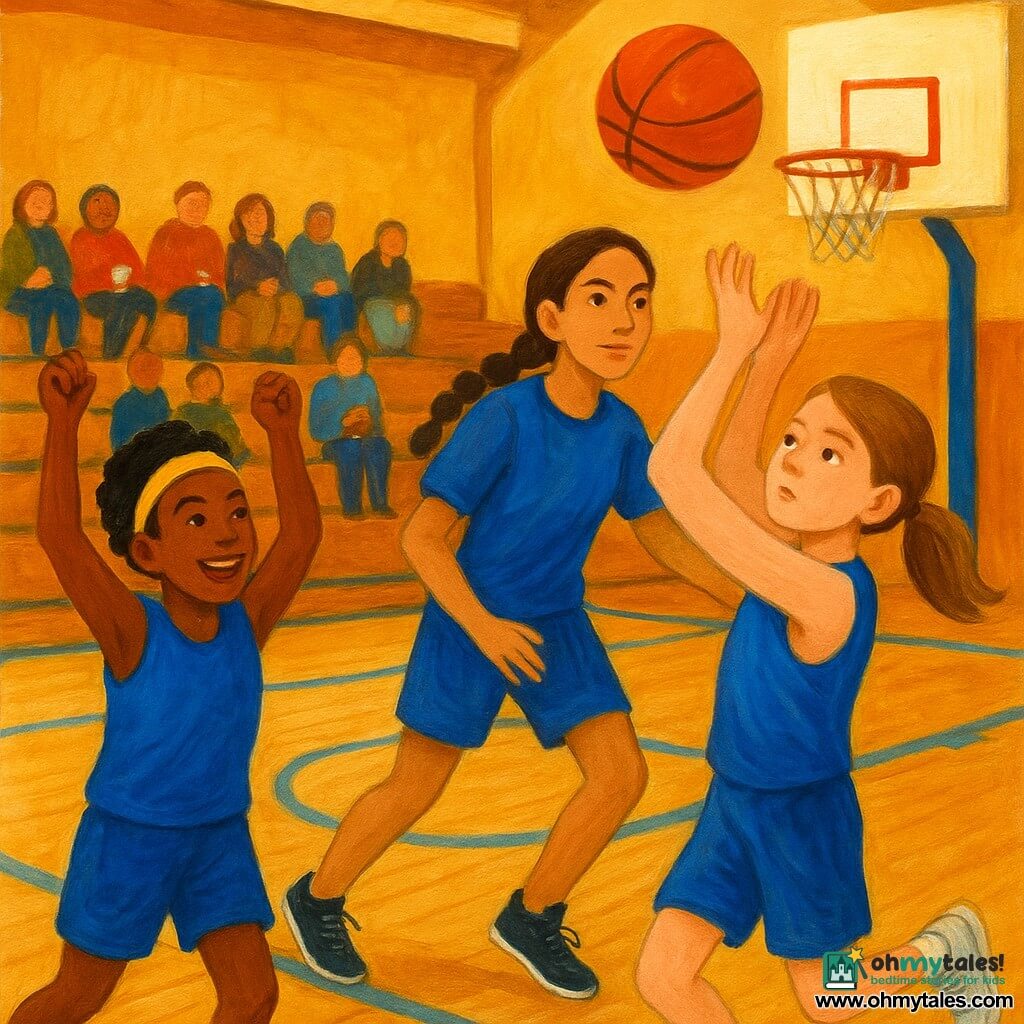 Three girls play basketball in a warm-toned school gym: Maya, about 11, fair skin, light-brown ponytail, blue jersey and slightly worn white sneakers, is foreground right jumping to shoot with a concentrated face and soft-shot hands; Zoe, about 11, tan skin, short black hair, blue jersey and bright headband, is left slightly ahead cheering with raised arms and a teasing smile; Lina, about 12, tall and slim with olive skin and a braided brown hair, wears a blue jersey with rolled sleeves and is behind Maya moving for the rebound with a calm, stable posture; the shiny parquet floor has pale-blue court lines, metal hoops with a white backboard target square, bleachers filled with parents in colorful coats holding coffee, hanging lights cast soft light and painted shadows, the ball arcs toward the hoop in a lively, supportive mini-tournament scene with visible thick textures and brushstrokes enhancing the energy.