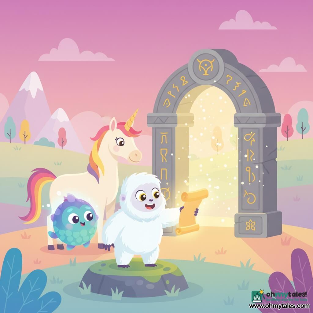 A fluffy young white Yeti with bright round eyes and a joyful, amazed expression reaches toward a glowing golden scroll while standing on a mossy stone; nearby floats Whisper, a small iridescent blue-green scaled creature with big curious eyes and a soft glow, looking at the scroll; a cream-coated unicorn with a rainbow mane stands protectively behind, head inclined toward the scroll; behind them an ancient gray stone portal carved with golden symbols opens, emitting warm golden light and sparkling particles over a rolling pastel grassland with simple colorful trees and a pink-purple twilight sky with crystal-like mountains—main scene: the Yeti activates the scroll, its light illuminating the portal, creating a magical, wondrous, hopeful mood; style: crisp shapes, flat contrasting colors, soft outlines, centered child-friendly composition.