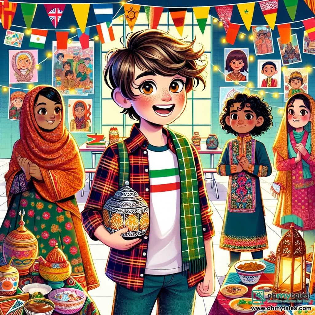 A 12-year-old boy, Ethan, with messy brown hair and sparkling curious eyes, stands at the center of a vibrant scene. He wears a tartan-patterned t-shirt and jeans, displaying a wide, enthusiastic smile while holding a small carved thistle, a symbol of his heritage. Next to him is an 11-year-old girl, Zara, with shiny black hair hidden under a colorful hijab, smiling warmly. She wears a traditional Pakistani dress with bright floral patterns and holds a small decorated lantern. A 12-year-old boy, Sam, with curly hair and fair skin, stands slightly back, laughing and gesturing while explaining something, dressed in a hoodie and casual pants. The scene takes place in a classroom decorated for a cultural festival, with colorful flags, posters representing different cultures on the walls, and a large table filled with traditional dishes and handcrafted items. Ethan, Zara, and Sam are preparing their booth for the festival, exchanging ideas and laughing together, illustrating the beauty of friendship and cultural diversity.