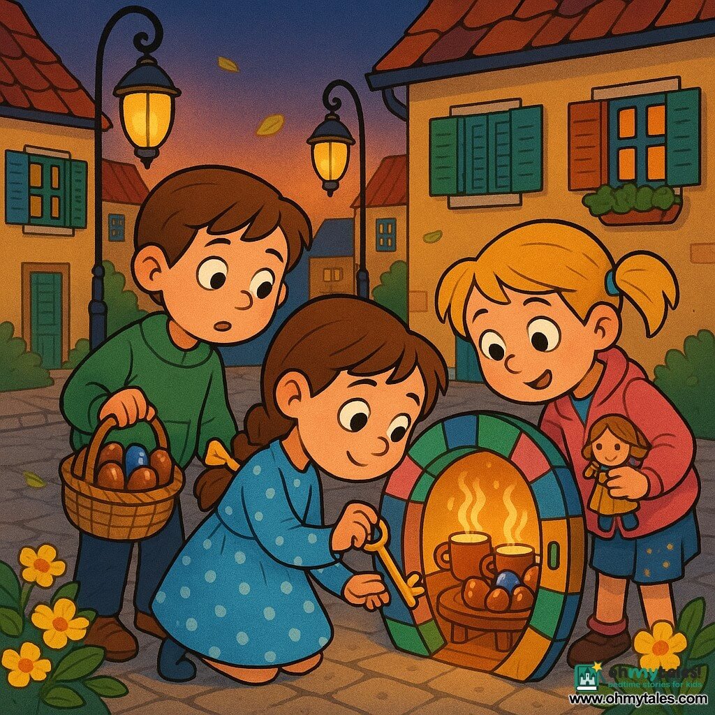 Three children — Mia, an 8-year-old girl with braided brown hair tied with a yellow ribbon wearing a sky-blue polka-dot dress who holds a honey-colored key and stands slightly ahead; Tomas, an 8-year-old boy with short chestnut hair in a green sweater holding a wicker basket of shiny chocolate eggs to Mia’s left with an amazed look; and Zoe, an 8-year-old girl with blonde pigtails in a pink jacket holding a small wooden doll and a starry paper in her pocket to Mia’s right, leaning to peer inside — stand on a cobbled village square at dusk with wrought-iron lampposts and low houses with colorful shutters in front of a round wooden patchwork door painted in blue, pink, green and gold; they open it to reveal warm cacao-and-marigold light and a low table with steaming cups of chocolate and glitter-wrapped eggs, creating a soft, curious, magical atmosphere with saturated colors, paper-like textures and drifting leaves.