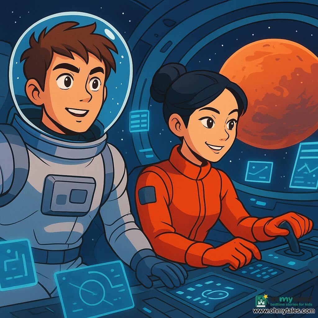 Commander Elias Rowan floats in space with a determined and curious look, wearing a silver spacesuit and a transparent helmet that reflects the stars. His tousled brown hair and the excitement in his eyes add to the scene. Next to him, pilot Jin Park, around 30 years old with her hair in a bun and a mischievous smile, adjusts the controls of their spacecraft. She wears a bright red pilot suit, contrasting with Elias's silver outfit. The ship, Horizon, orbits Mars, with the majestic red planet visible through the window, showcasing breathtaking red sand dunes and dust storms. The main scene depicts Elias and Jin preparing to land on Mars, surrounded by glowing control panels and floating holographic graphics, exuding a sense of adventure and discovery.