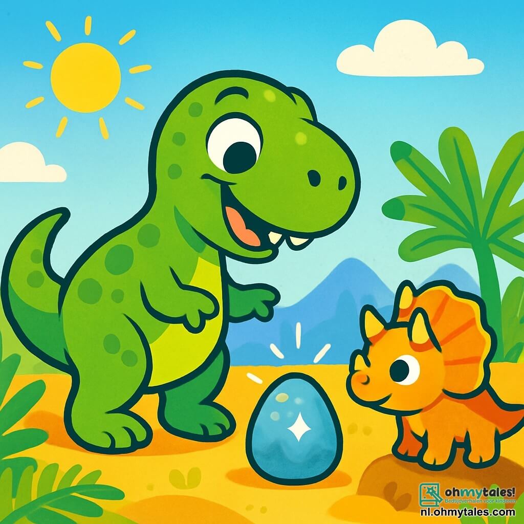 Een blije Tyrannosaurus Rex met glanzende groene schubben en grote ronde ogen staat in een zonnig landschap, verwonderd kijkend naar een fonkelende steen. In de buurt kijkt een kleine herbivore dinosaurus, een Triceratops met kleurrijke hoorns, nieuwsgierig naar Tino terwijl hij op een kleine aardheuvel staat. Het decor is een uitgestrekte prehistorische vlakte, bezaaid met reusachtige varens en verre bergen onder een stralende blauwe lucht. De scène toont Tino, de Tyrannosaurus, die zich naar de glanzende steen beweegt, klaar om zijn magische geheim te ontdekken.