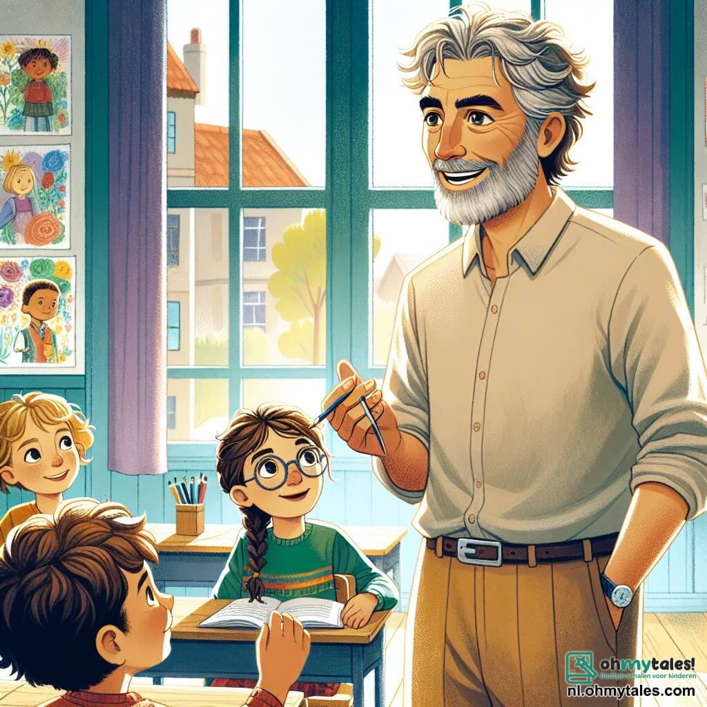 Een middelbare man, meneer Jansen, staat in het midden van de afbeelding, met grijs haar en een warme glimlach. Zijn ogen stralen emotie uit terwijl hij een verhaal vertelt aan de kinderen, met zijn handen enthousiast gebarend. Hij draagt een eenvoudige shirt en beige broek, wat een aura van wijsheid en vriendelijkheid uitstraalt. Rechts van hem zit een meisje van ongeveer 10 jaar, Sophie, met gevlochten bruin haar en ronde brillen, die aandachtig luistert met nieuwsgierige ogen. Ze houdt een notitieboekje in haar handen, klaar om aantekeningen te maken. Links van hem zit een jongen genaamd Sam, 9 jaar oud, met rommelig blond haar en een kleurrijk t-shirt, die enthousiast zijn hand opsteekt om een vraag te stellen. De scène speelt zich af in een lichte klas, met muren versierd met kindertekeningen en ramen die zonlicht binnenlaten. Houten bureaus zijn in een halve cirkel geplaatst, wat een warme en gastvrije sfeer creëert. Meneer Jansen deelt verhalen over oorlog en vrede, waarbij hij de aandacht van de kinderen die om hem heen zitten, vasthoudt. De afbeelding straalt een sfeer van leren en empathie uit, wat het belang van begrip en solidariteit illustreert.
