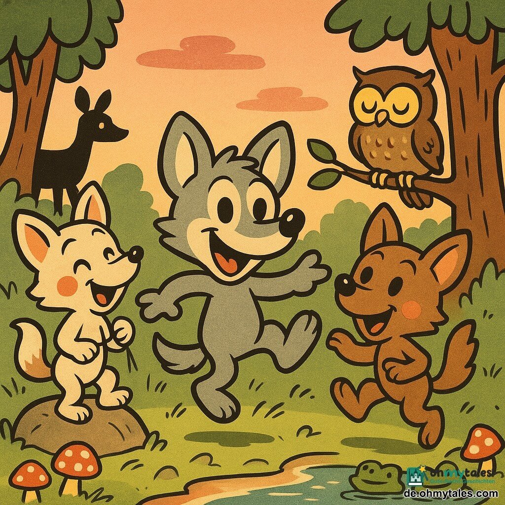 Wolli, ein frecher kleiner Wolf mit weichem grauem Fell, großen runden Ohren und glänzenden Augen, lacht breit und springt drehend mit erhobener Pfote; Lilli, eine verspielte kleine Wölfin mit cremefarbenem Fell und rötlichen Backenflecken, steht links auf einem niedrigen Felsen und winkt lachend mit einem Grashalm; Max, der neugierige kleine Wolf mit hellbraunem Fell, springt rechts hinter Wolli wie ein Hase; der alte Uhu, rund und weise mit gesprenkeltem braunem Gefieder und halbgeschlossenen gelben Augen, sitzt auf einem Ast im Hintergrund und lauscht; weitere Tiere als fröhliche Silhouetten: applaudierende Eichhörnchen, Frösche am Ufer, Pferdehirschartige, die nickend im Halbkreis um die Wölfe stehen; Lichtung im Wald bei Dämmerung mit hügeligem grünem Gras, roten Pilzen mit weißen Punkten, einem Teich, der den rosa-orangen Himmel spiegelt, stilisierten Kiefernstämmen und tropfenförmigen Blättern; Hauptszene: drei Wolfsgeschwister singen und tanzen im Kreis, festliche, verspielte Stimmung mit übertriebenen Bewegungen, sehr ausdrucksstarken Mienen, warmen kontrastreichen Farben und dicken schwarzen Konturen im Retro-Stil.